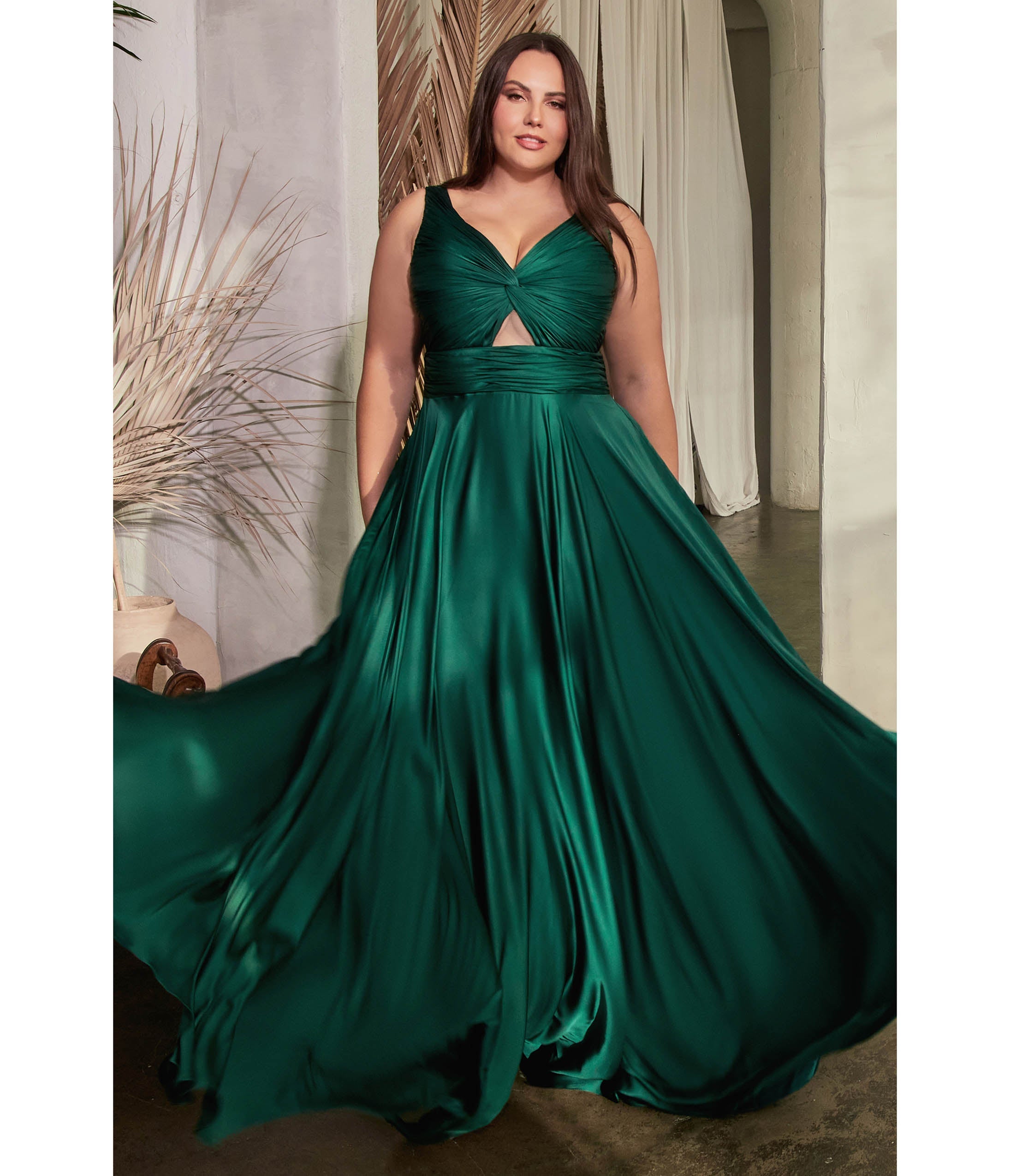 Cinderella Divine Plus Size Hunter Green Satin Ruched Knotted