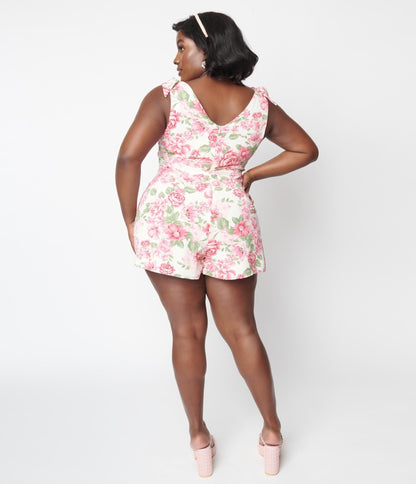 Plus Size Ivory Floral Truth Be Told Romper - Unique Vintage - Womens, BOTTOMS, ROMPERS AND JUMPSUITS