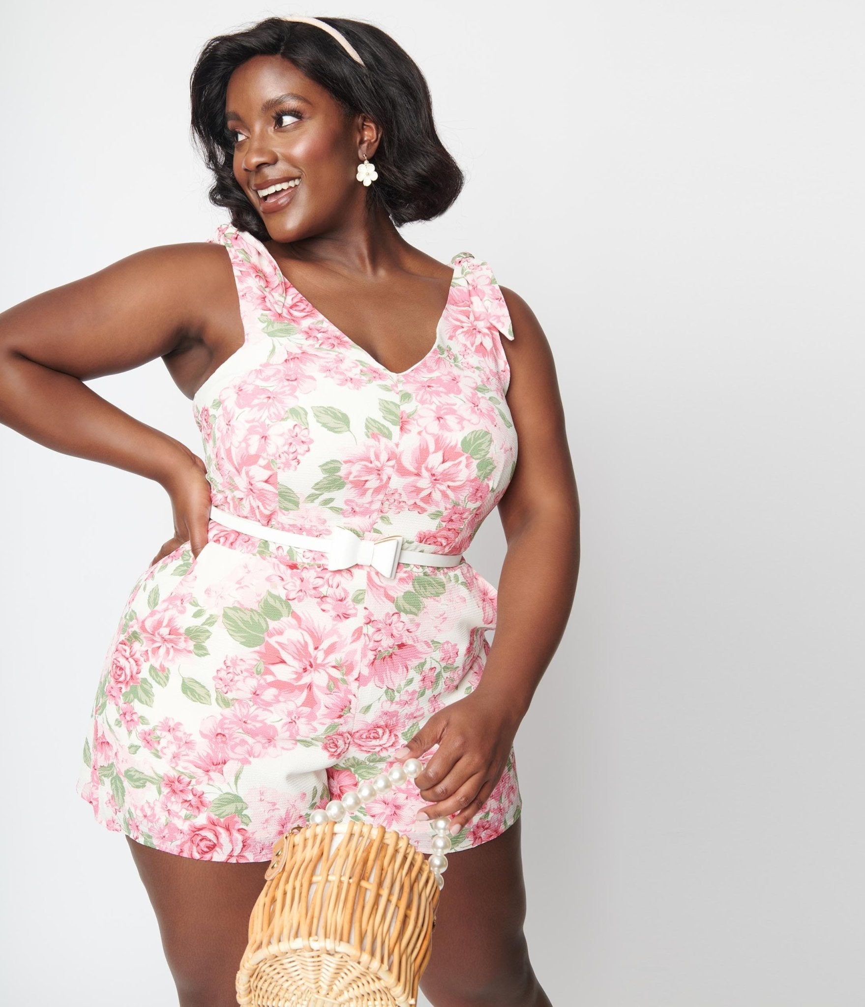 Plus Size Ivory Floral Truth Be Told Romper - Unique Vintage - Womens, BOTTOMS, ROMPERS AND JUMPSUITS