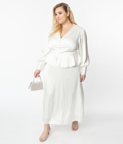 Plus Size Ivory Long Sleeve Blouse & Midi Skirt Bridal Set - Unique Vintage - Womens, DRESSES, BRIDAL