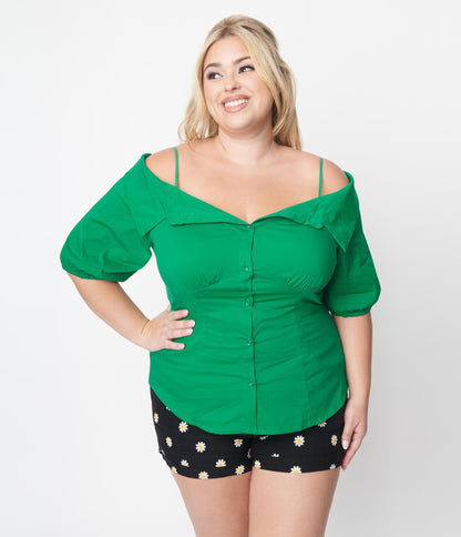 Plus Size Kelly Green Off The Shoulder Collared Top - Unique Vintage - Womens, TOPS, WOVEN TOPS