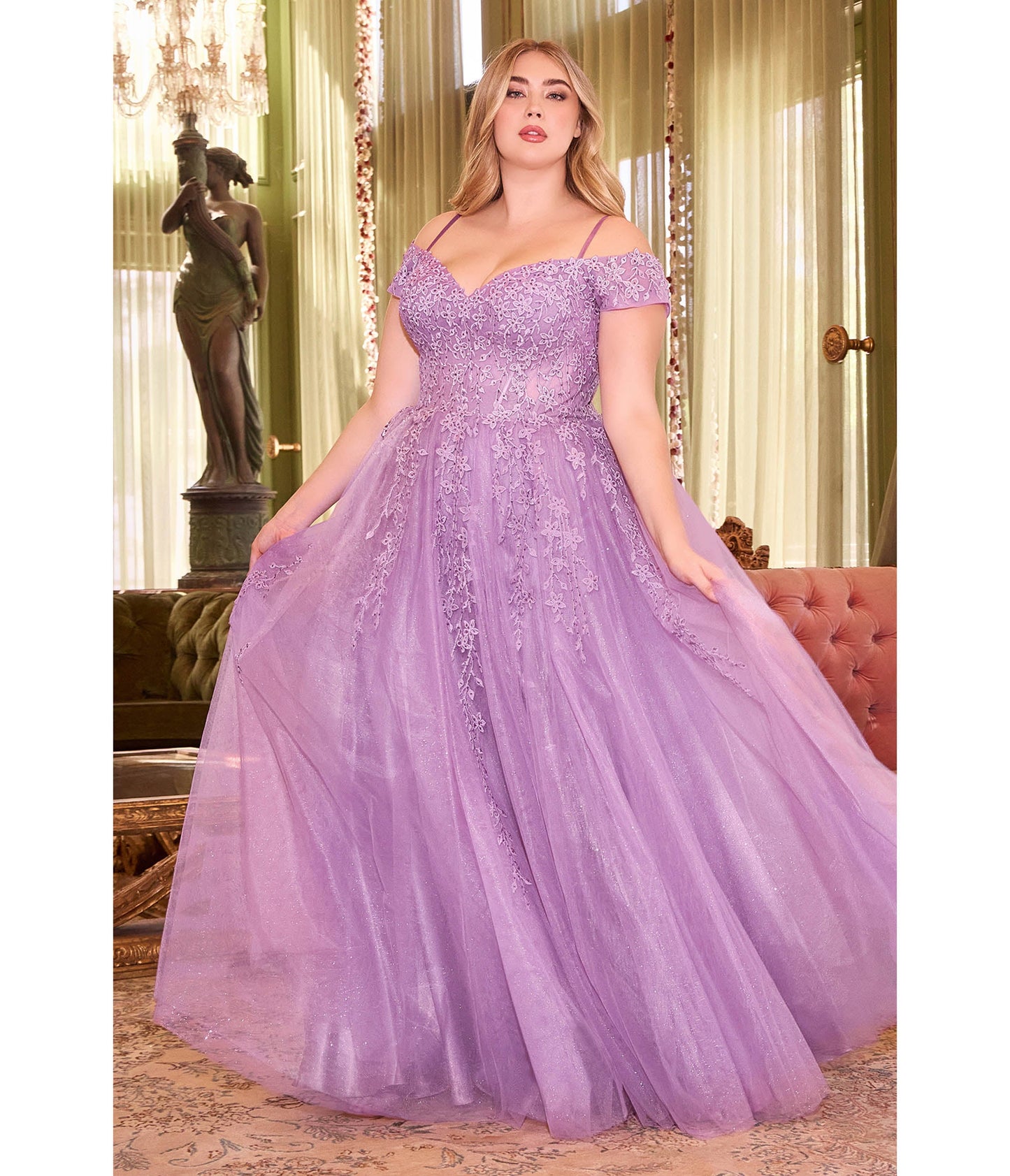 Plus Size Lavender Glitter Tulle Off The Shoulder Applique Slit Gown - Unique Vintage - Womens, DRESSES, PROM AND SPECIAL OCCASION