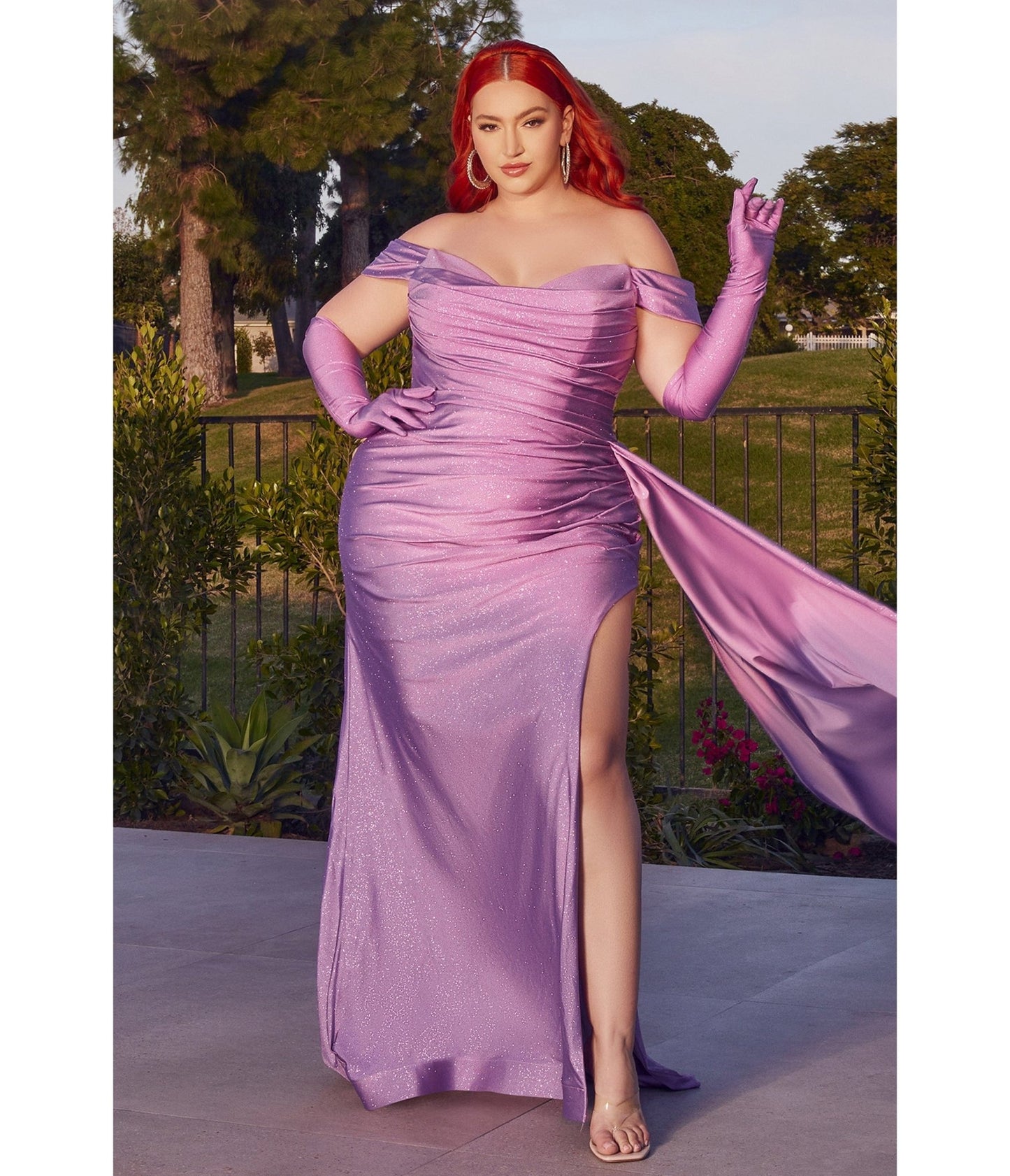 Plus Size Lilac Shimmering Off The Shoulder Bridesmaid Dress with Gloves - Unique Vintage - Womens, DRESSES, PROM AND SPECIAL OCCASION