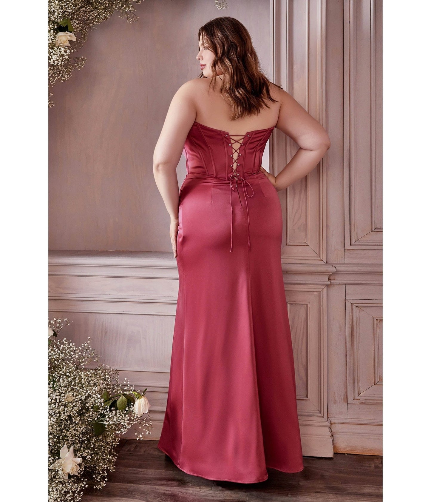 Cinderella Divine Plus Size Lipstick Divine Satin Corset Off-Shoulder Prom  Dress