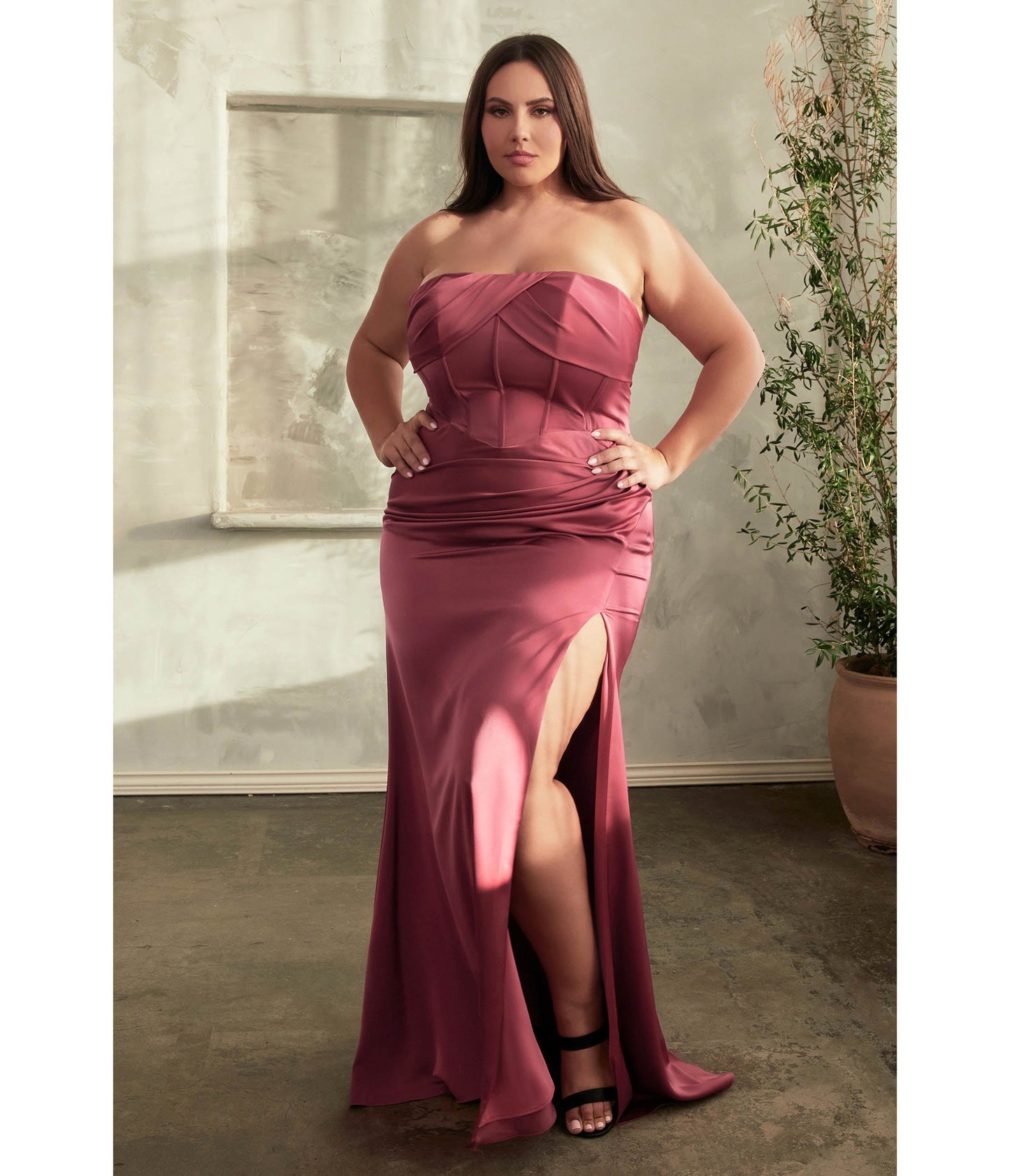 Plus Size Lipstick Satin Pleated Strapless Corset Evening Gown - Unique Vintage - Womens, DRESSES, PROM AND SPECIAL OCCASION