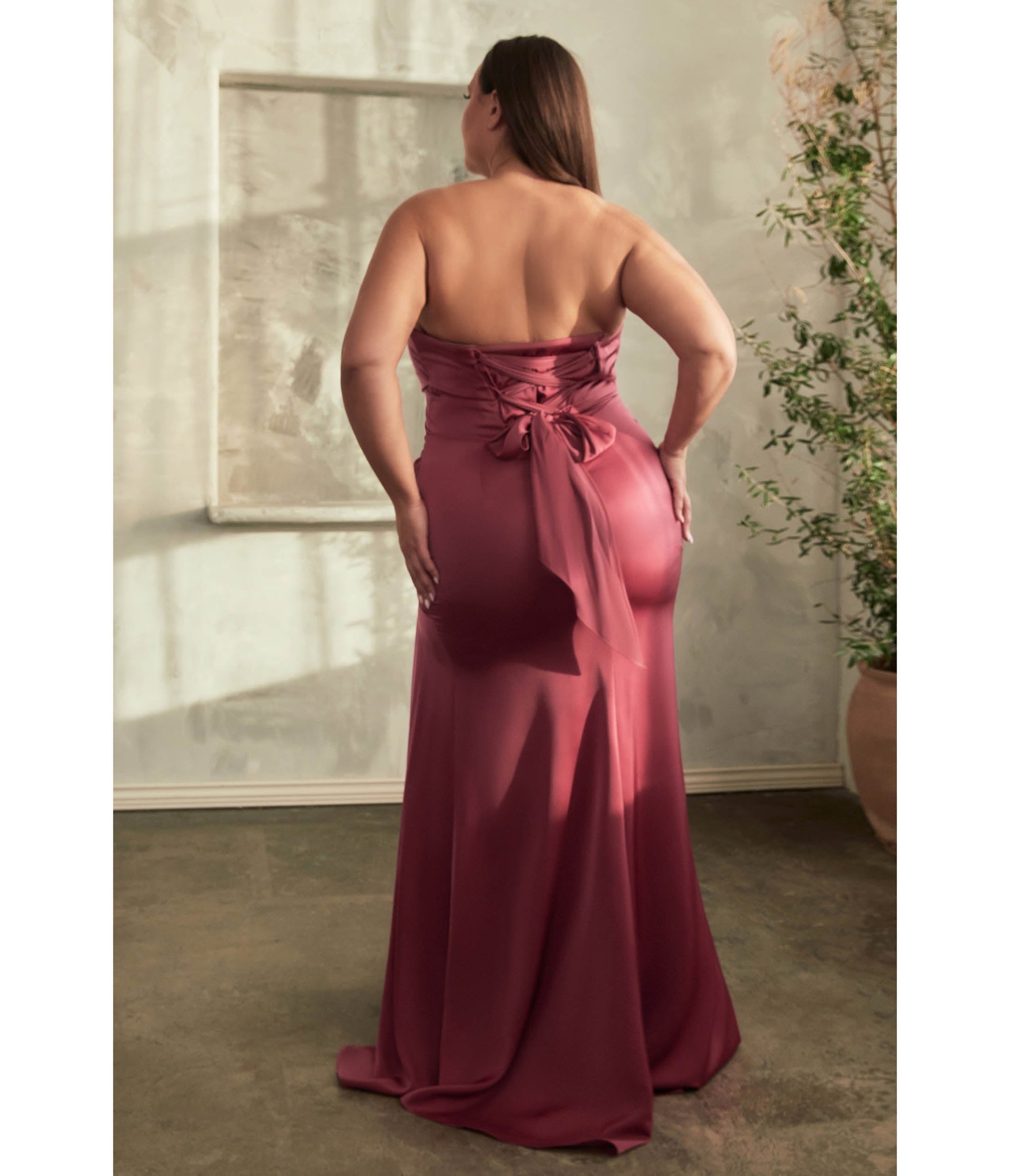 Plus Size Lipstick Satin Pleated Strapless Corset Evening Gown - Unique Vintage - Womens, DRESSES, PROM AND SPECIAL OCCASION