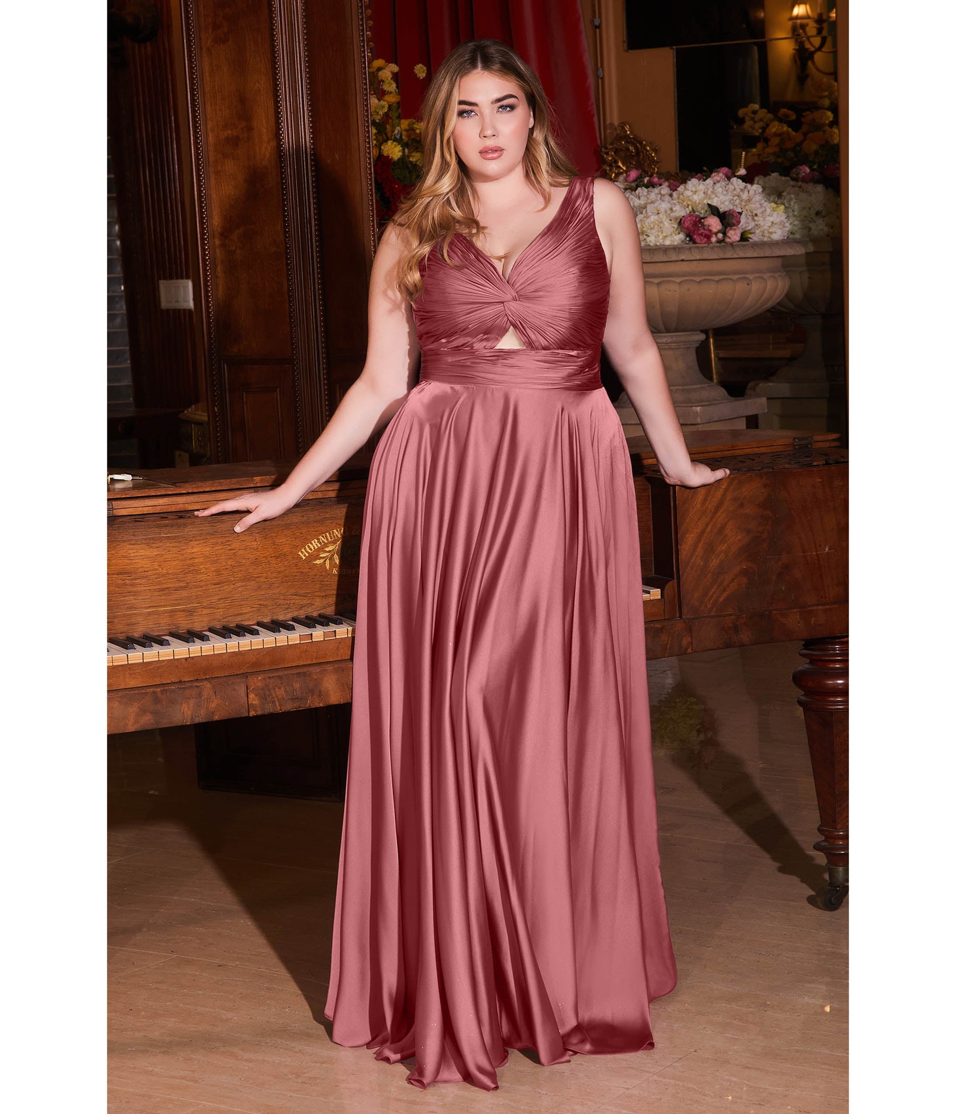 Plus Size Mauve Rose Satin Ruched Knotted Keyhole Evening Gown - Unique Vintage - Womens, DRESSES, PROM AND SPECIAL OCCASION