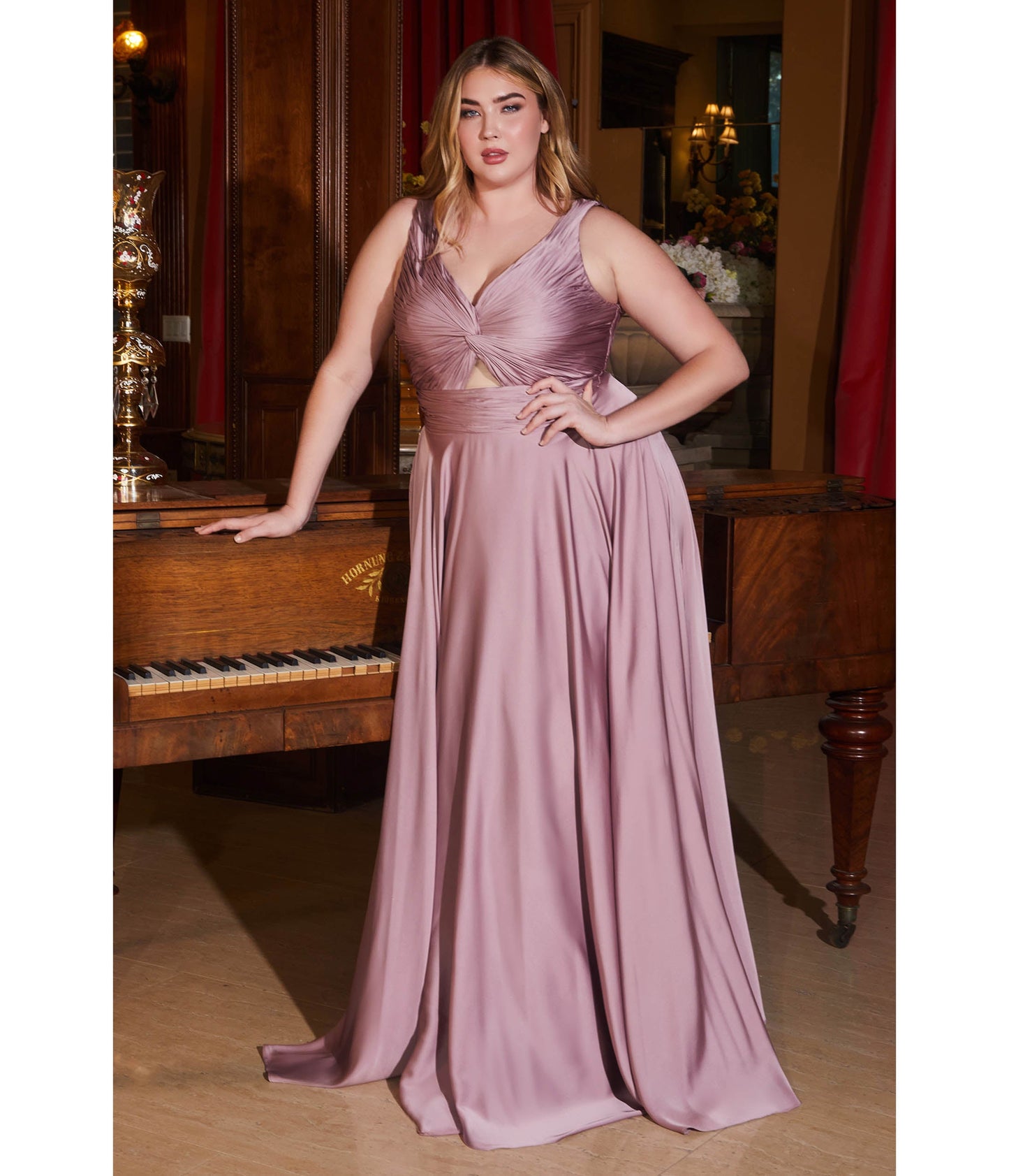 Plus Size Mauve Satin Ruched Knotted Keyhole Evening Gown - Unique Vintage - Womens, DRESSES, PROM AND SPECIAL OCCASION