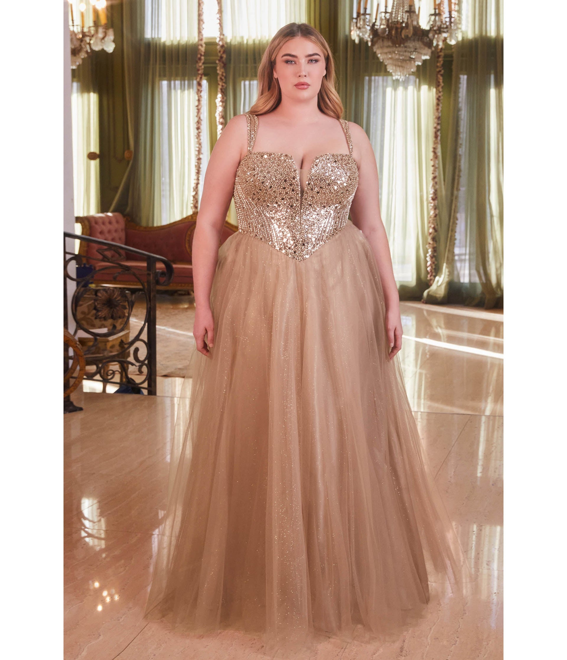 Plus Size Mocha Gold Glitter Bodice & Tulle Prom Ball Gown - Unique Vintage - Womens, DRESSES, PROM AND SPECIAL OCCASION