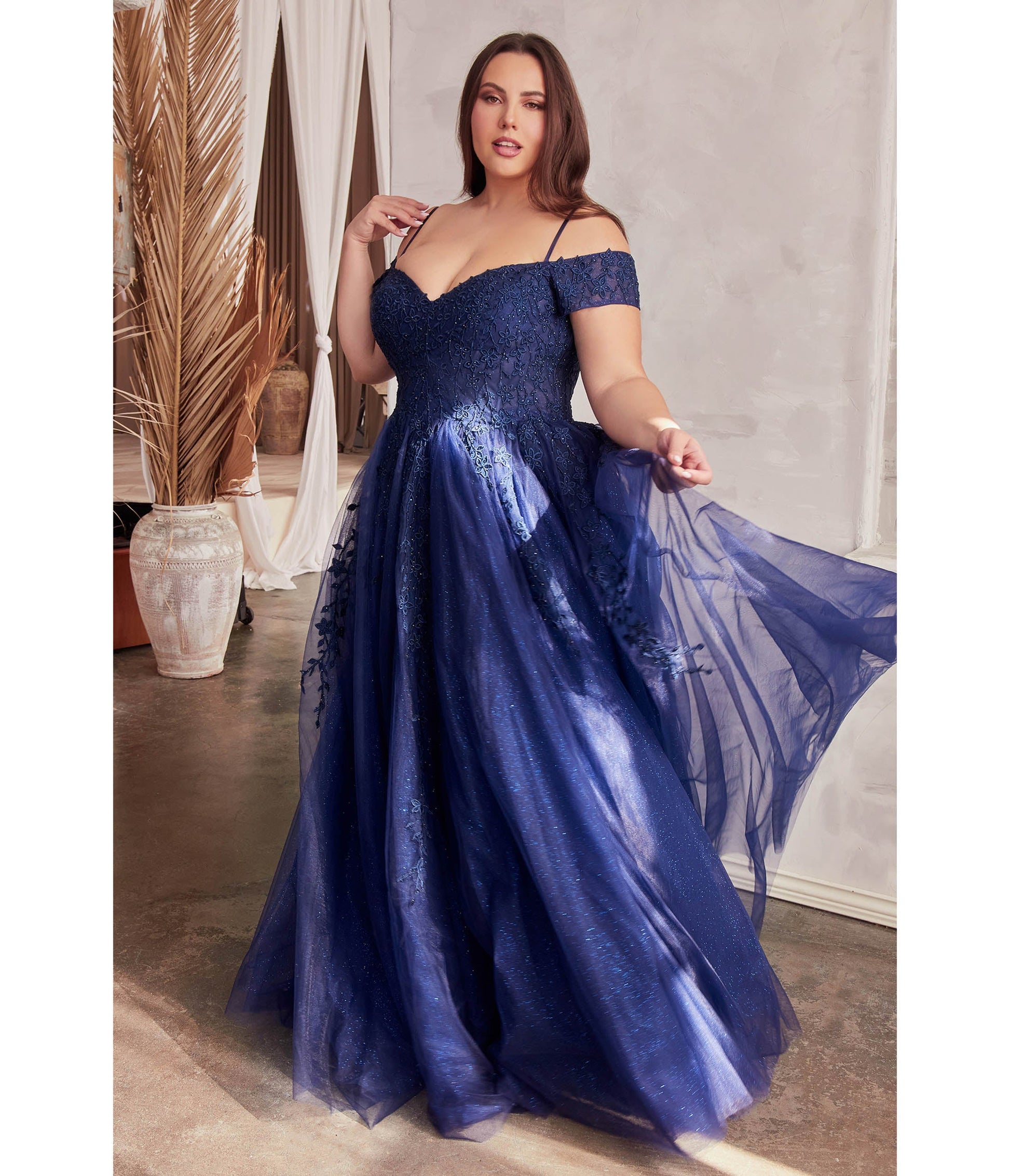 Plus Size Navy Glitter Tulle Off The Shoulder Applique Slit Gown - Unique Vintage - Womens, DRESSES, PROM AND SPECIAL OCCASION