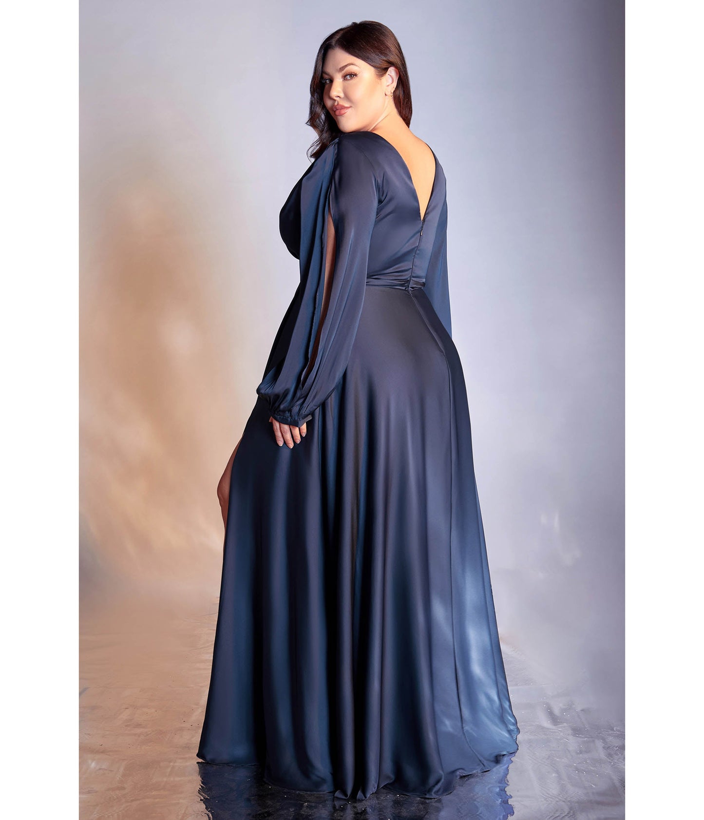 Plus Size Navy Satin Blouson Sleeve Evening Gown - Unique Vintage - Womens, DRESSES, PROM AND SPECIAL OCCASION