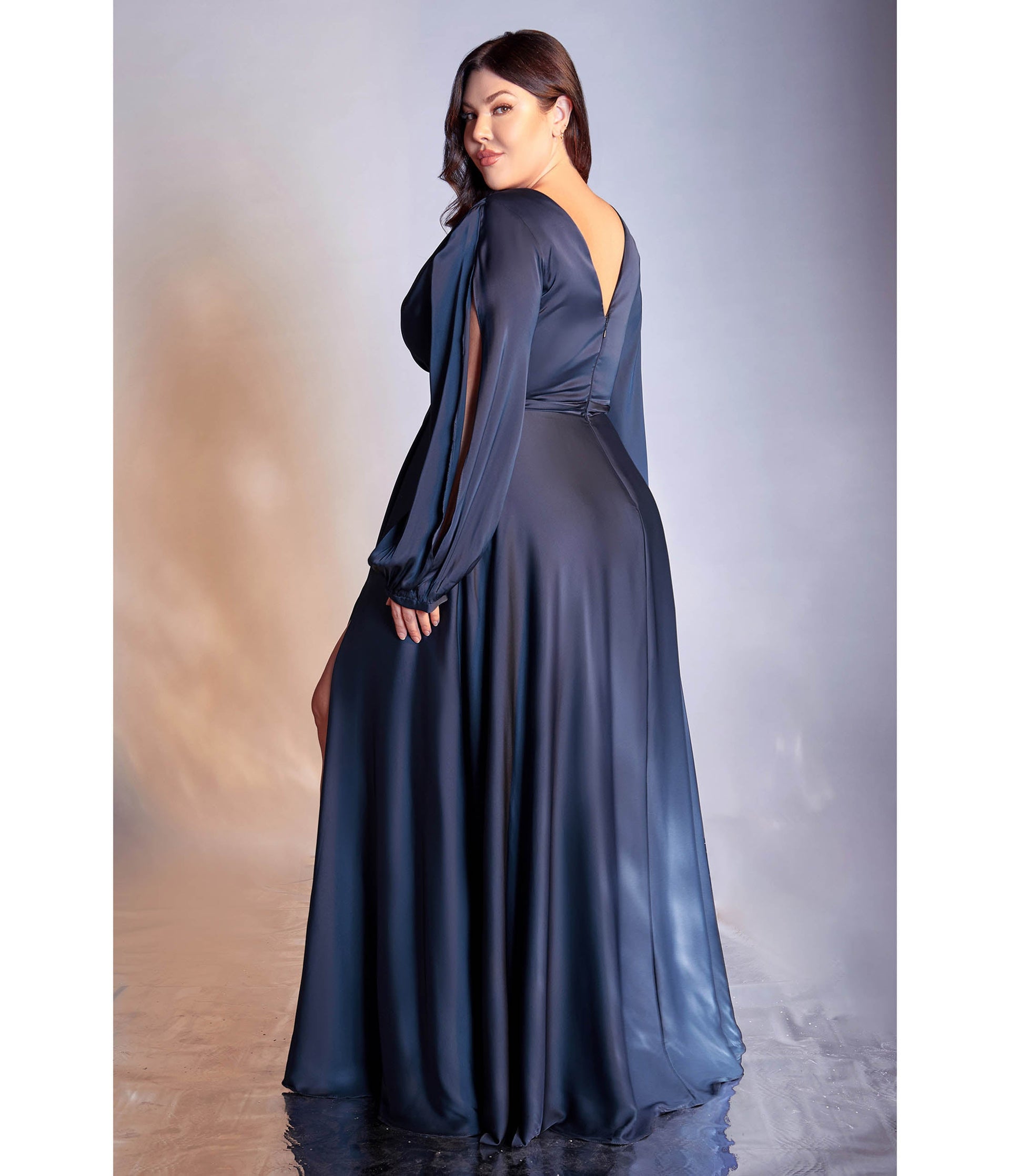 Plus Size Navy Satin Blouson Sleeve Evening Gown - Unique Vintage - Womens, DRESSES, PROM AND SPECIAL OCCASION