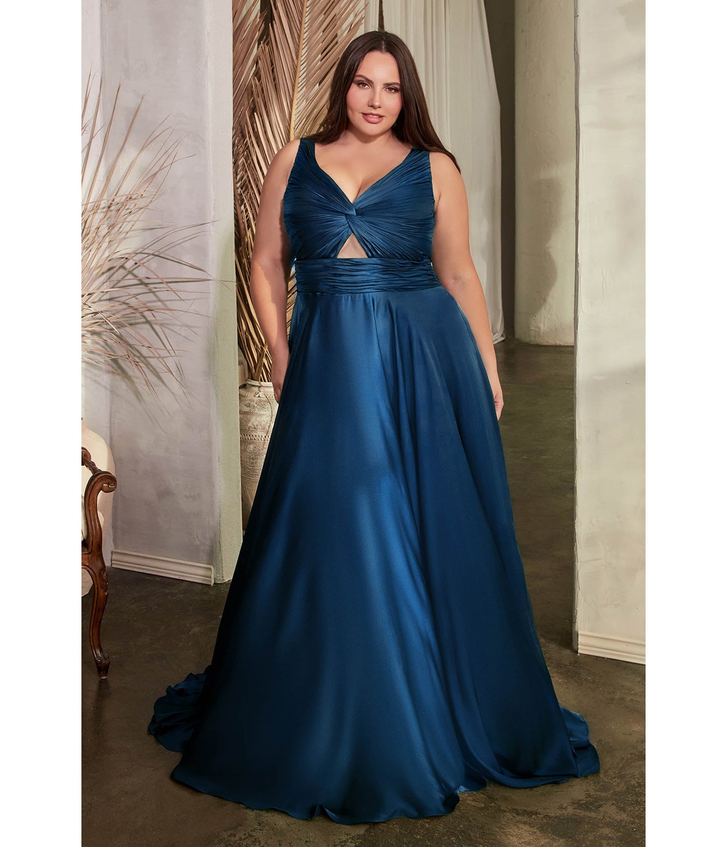 Plus Size Navy Satin Ruched Knotted Keyhole Evening Gown - Unique Vintage - Womens, DRESSES, PROM AND SPECIAL OCCASION