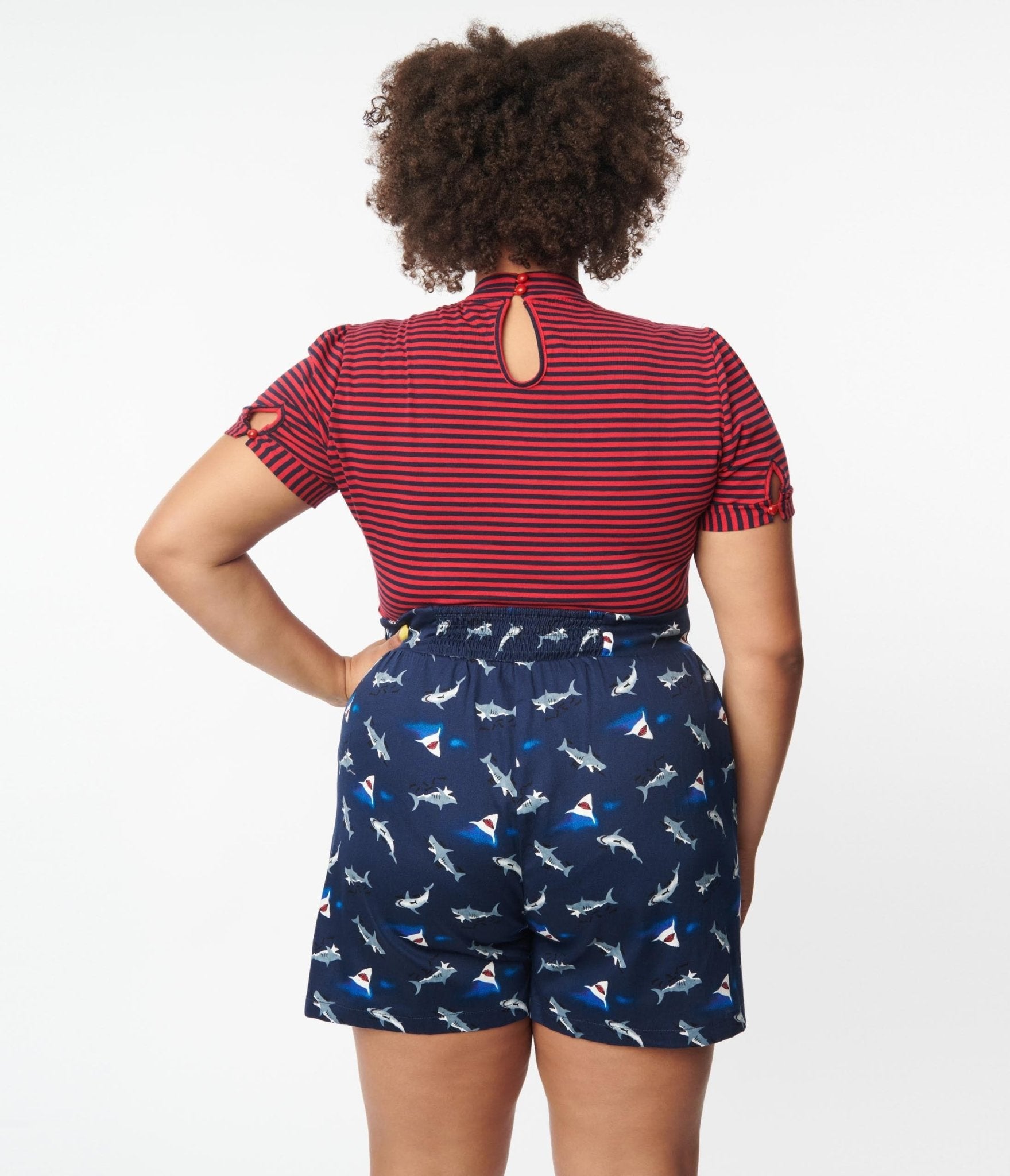 Plus Size Navy & Shark Print Shorts - Unique Vintage - Womens, BOTTOMS, SHORTS