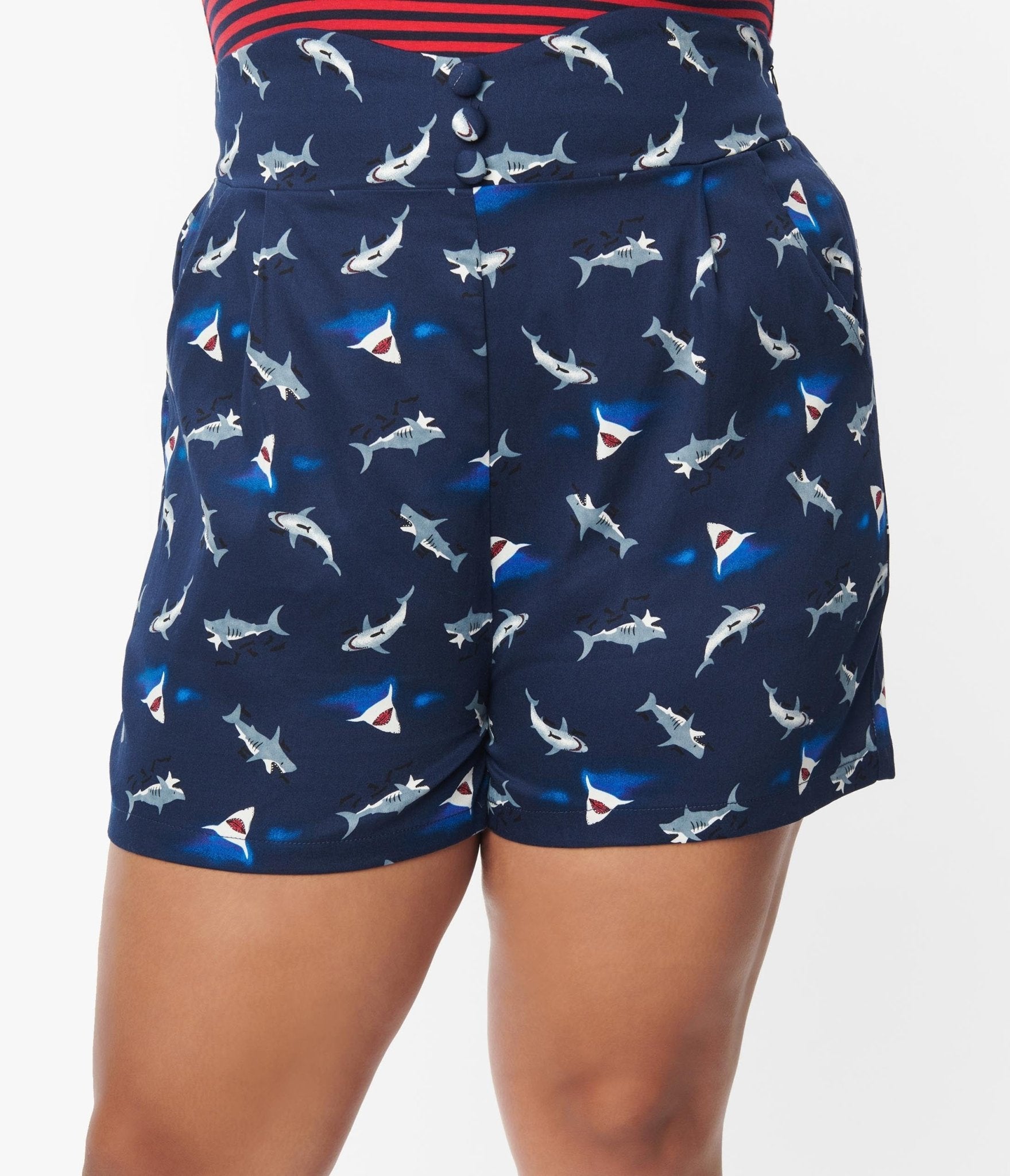 Plus Size Navy & Shark Print Shorts - Unique Vintage - Womens, BOTTOMS, SHORTS