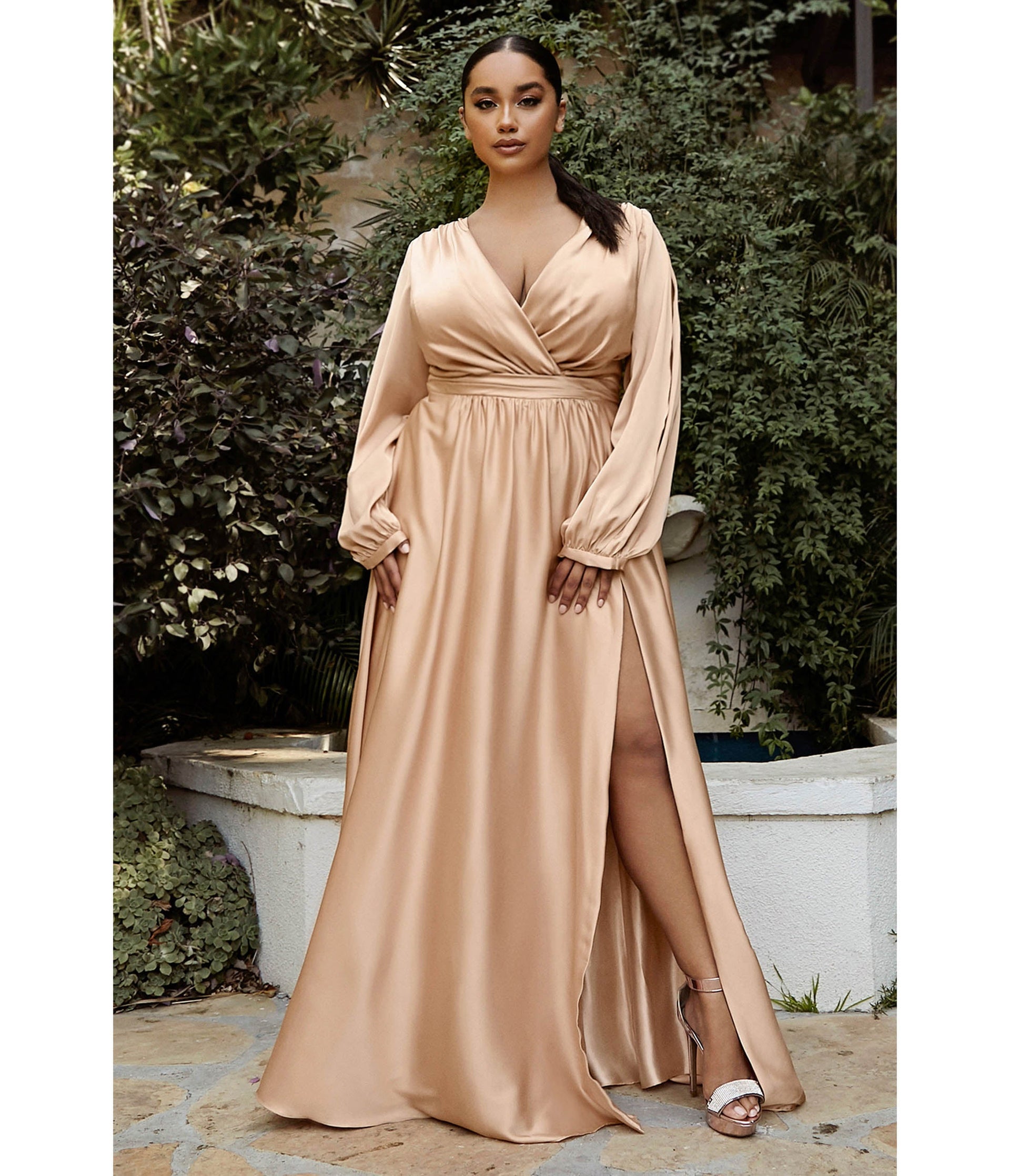Plus Size Nude Satin Blouson Sleeve Evening Gown - Unique Vintage - Womens, DRESSES, PROM AND SPECIAL OCCASION