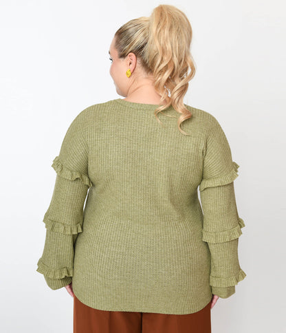 Plus Size Olive Green Ruffle Trim Ribbed Pullover Sweater - Unique Vintage - Womens, TOPS, SWEATERS