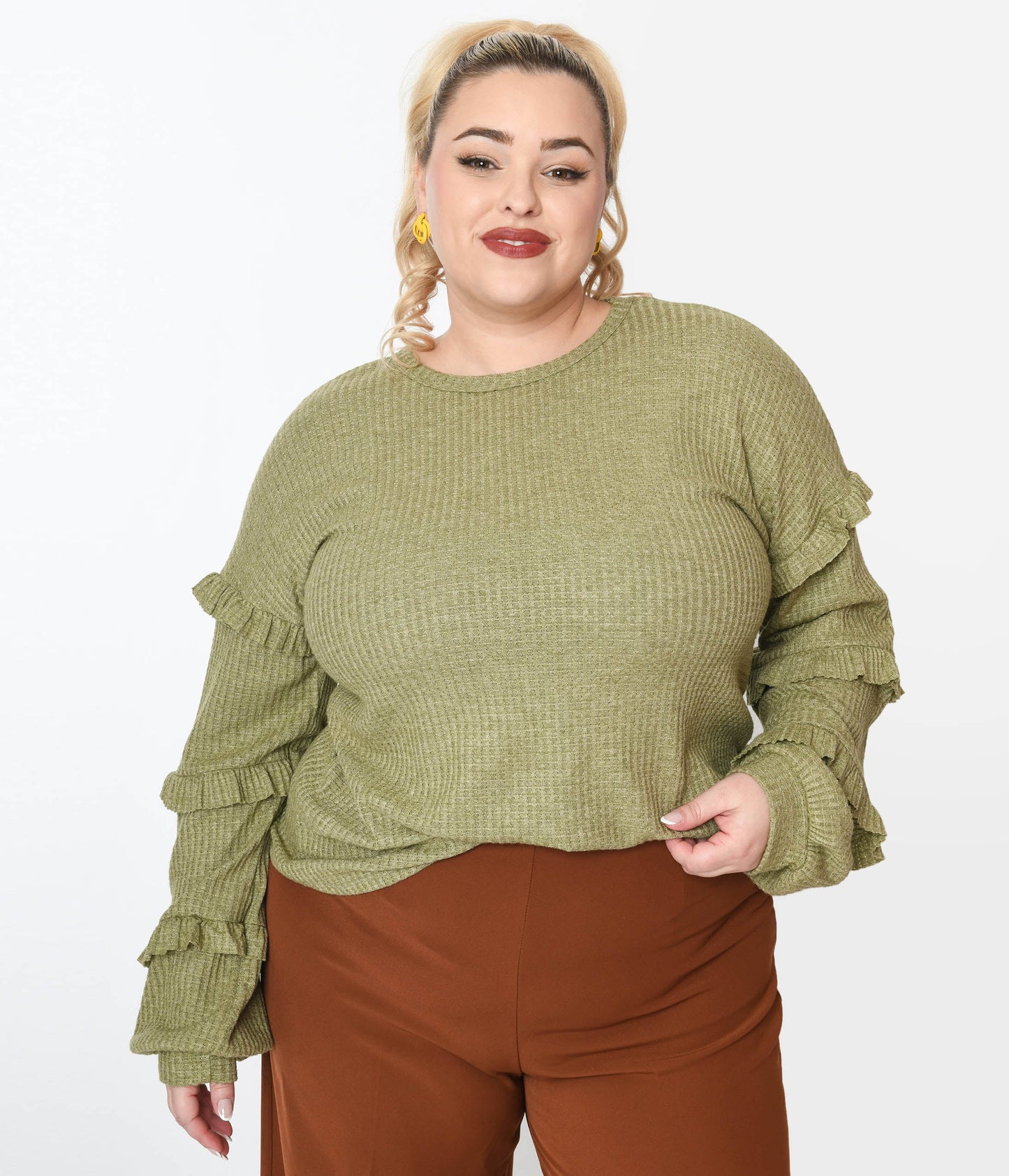 Plus Size Olive Green Ruffle Trim Ribbed Pullover Sweater - Unique Vintage - Womens, TOPS, SWEATERS