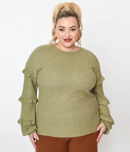 Plus Size Olive Green Ruffle Trim Ribbed Pullover Sweater - Unique Vintage - Womens, TOPS, SWEATERS