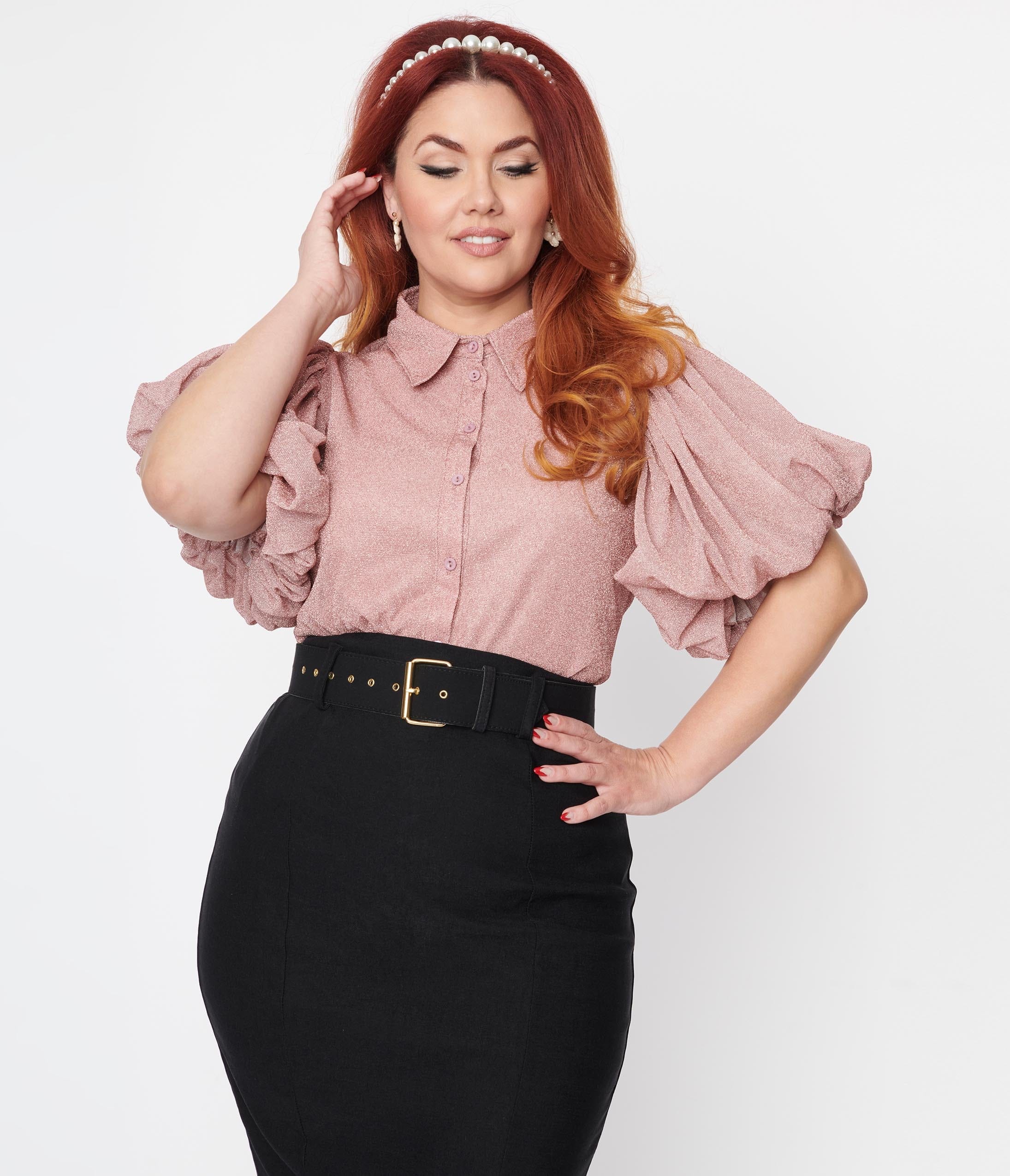 Plus Size Pink Glittered Shirred Puff Sleeve Top – Unique Vintage