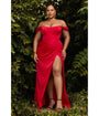 Cinderella Divine  Plus Size Red Divine Satin Corset Off-Shoulder Prom Dress