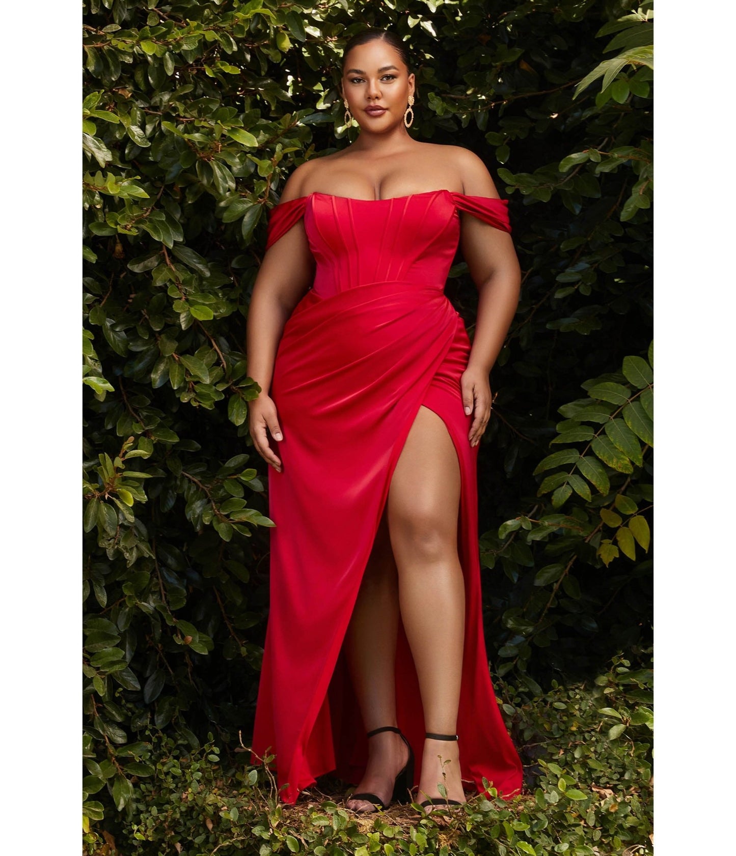 Plus Size Red Divine Satin Corset Off-Shoulder Prom Dress - Unique Vintage - Womens, DRESSES, PROM AND SPECIAL OCCASION