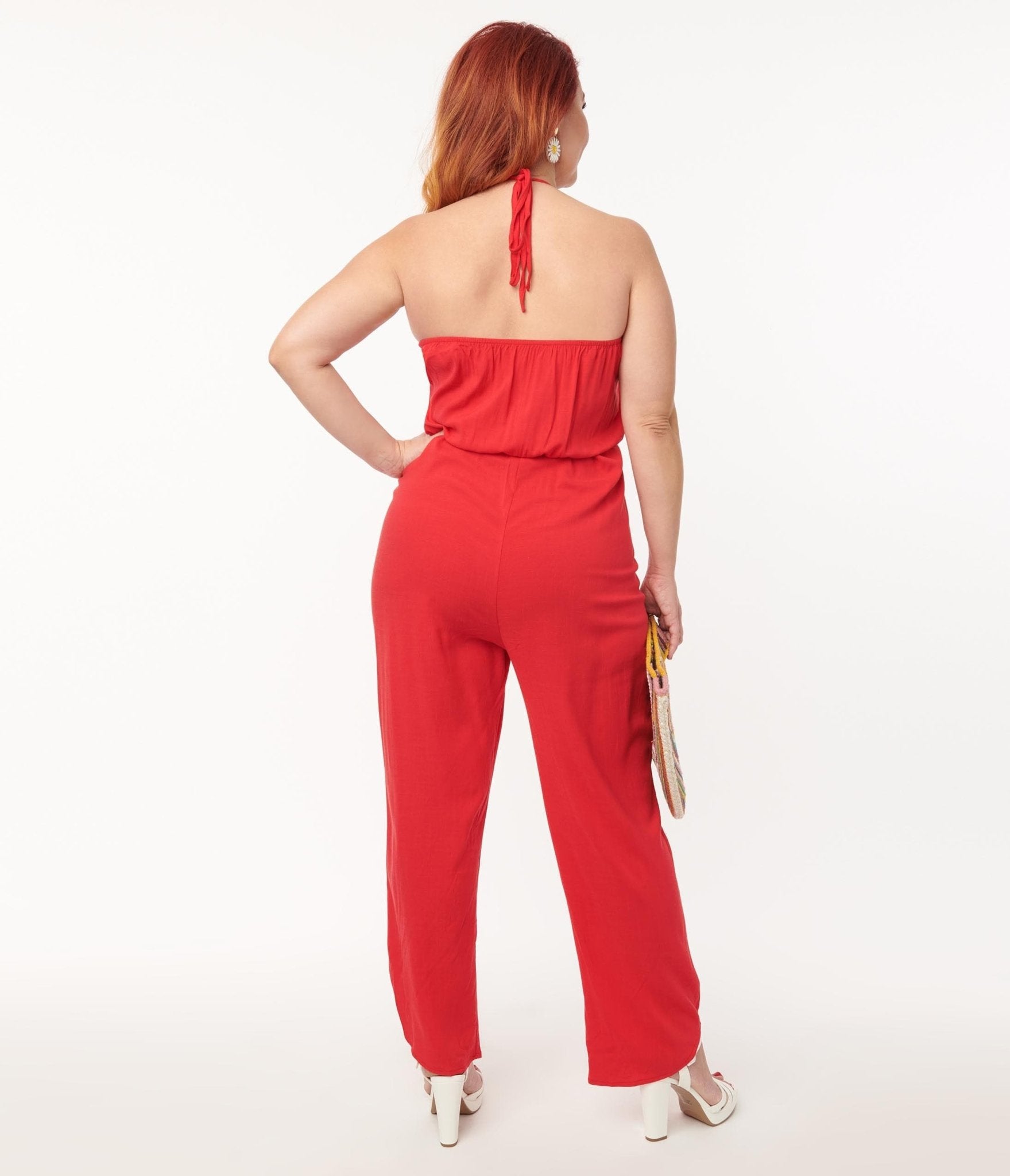 Plus Size Red Halter Jumpsuit - Unique Vintage - Womens, BOTTOMS, ROMPERS AND JUMPSUITS