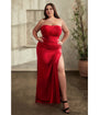 Cinderella Divine  Plus Size Red Satin Pleated Strapless Corset Evening Gown