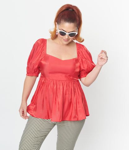 Plus Size Red Shimmer Babydoll Top - Unique Vintage - Womens, TOPS, WOVEN TOPS