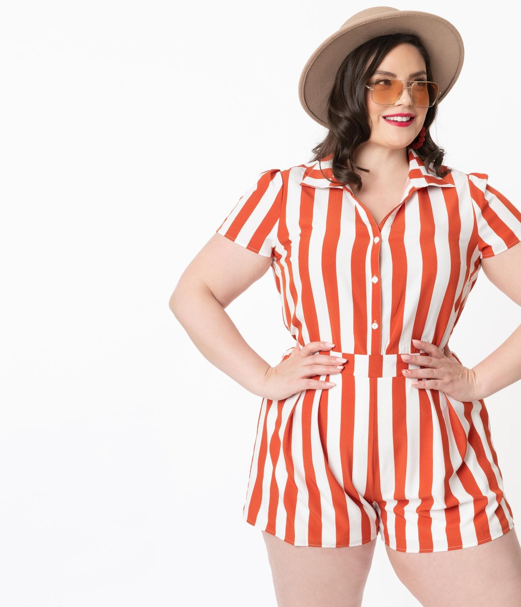 Plus Size Retro Style Rust & Ivory Stripe Romper - Unique Vintage - Womens, BOTTOMS, ROMPERS AND JUMPSUITS