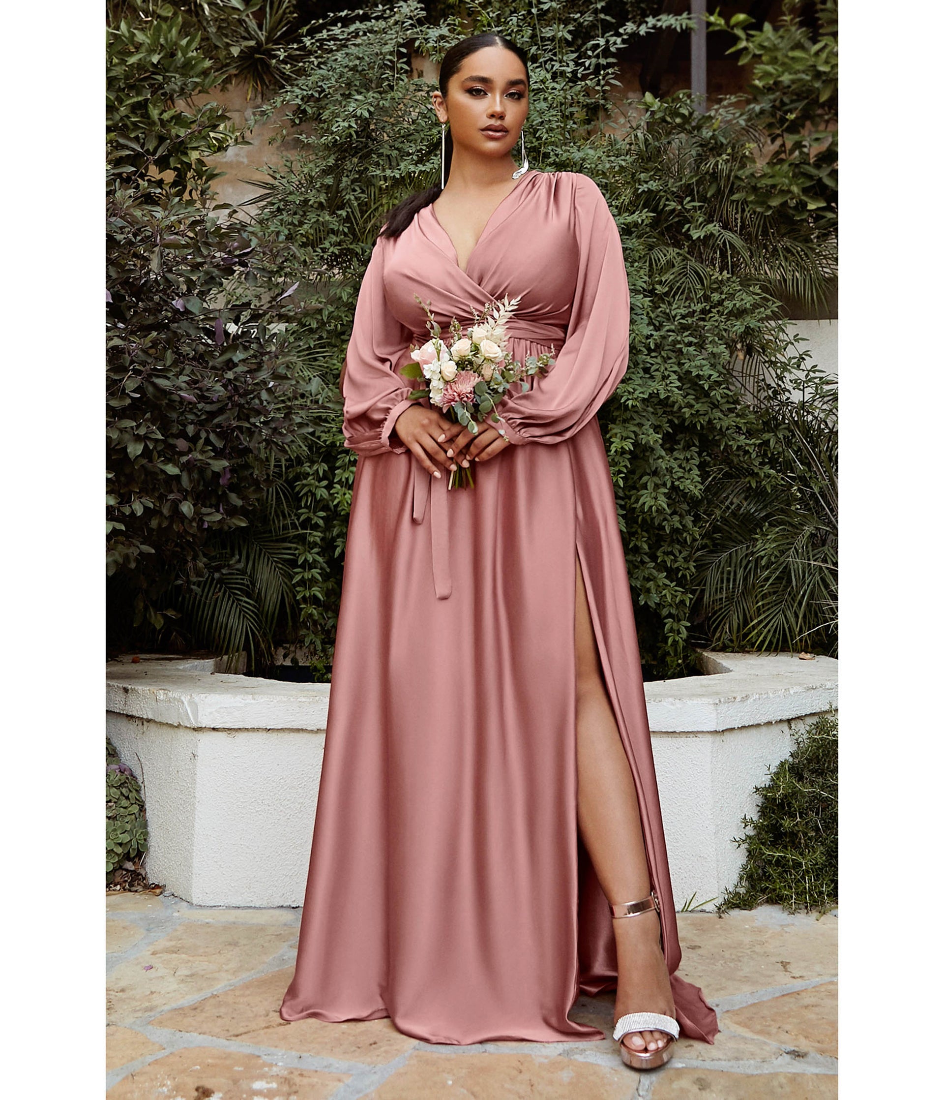 Plus Size Rose Gold Satin Blouson Sleeve Evening Gown - Unique Vintage - Womens, DRESSES, PROM AND SPECIAL OCCASION