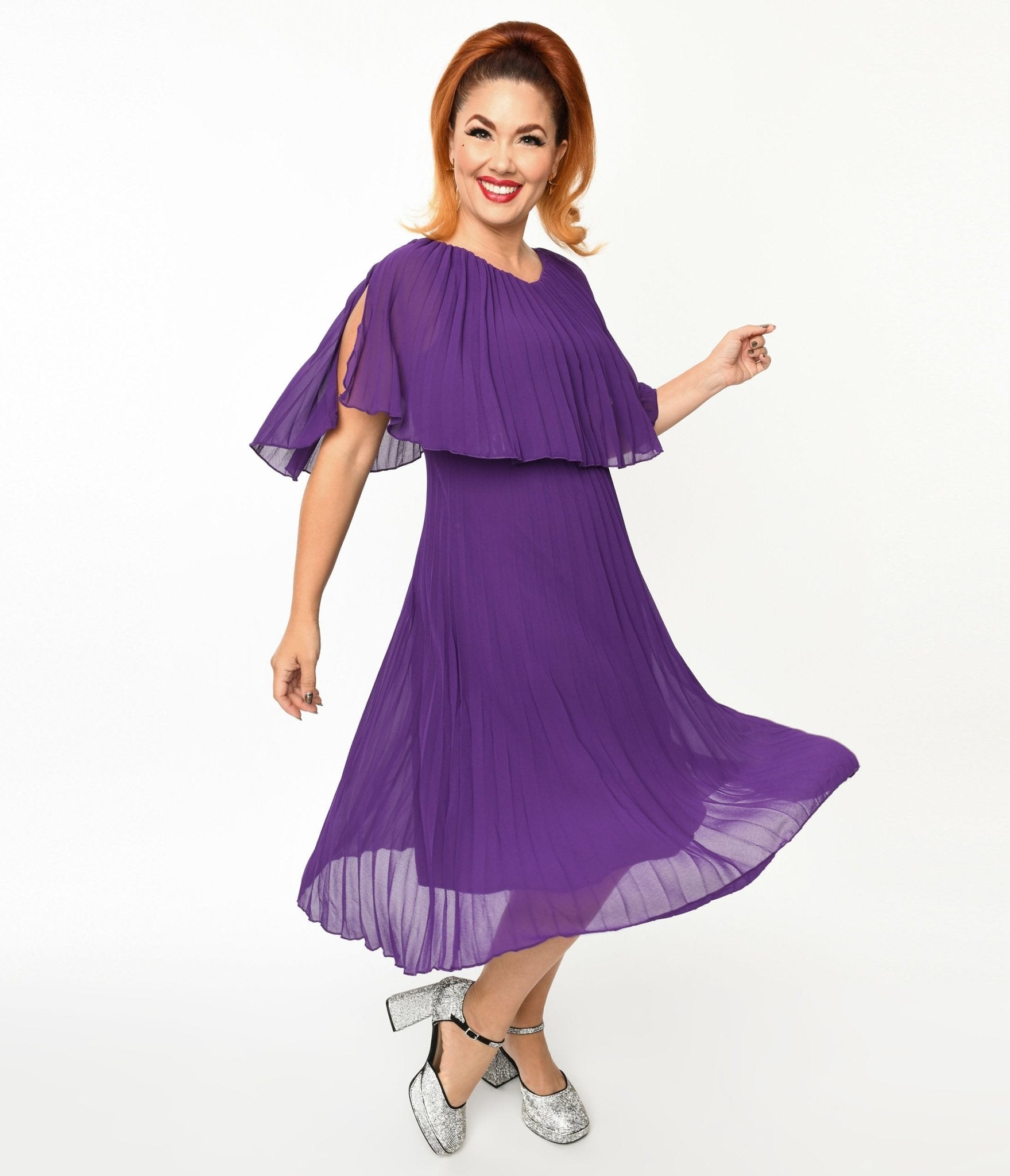 Plus Size Royal Purple Pleated Midi Dress - Unique Vintage - Womens, DRESSES, MIDI