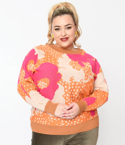 Plus Size Rust Orange & Fuchsia Floral Knit Sweater - Unique Vintage - Womens, TOPS, KNIT TOPS