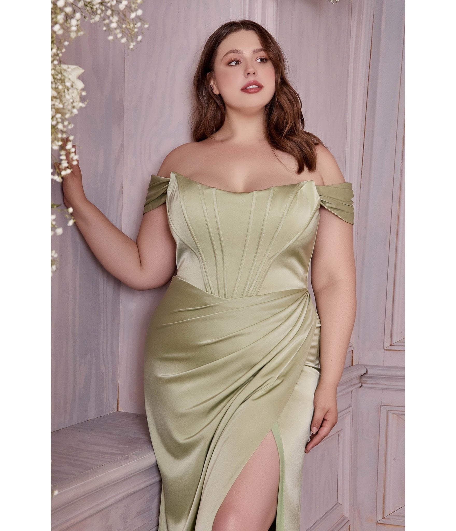 Cinderella Divine Plus Size Sage Divine Satin Corset Off Shoulder Prom Dress