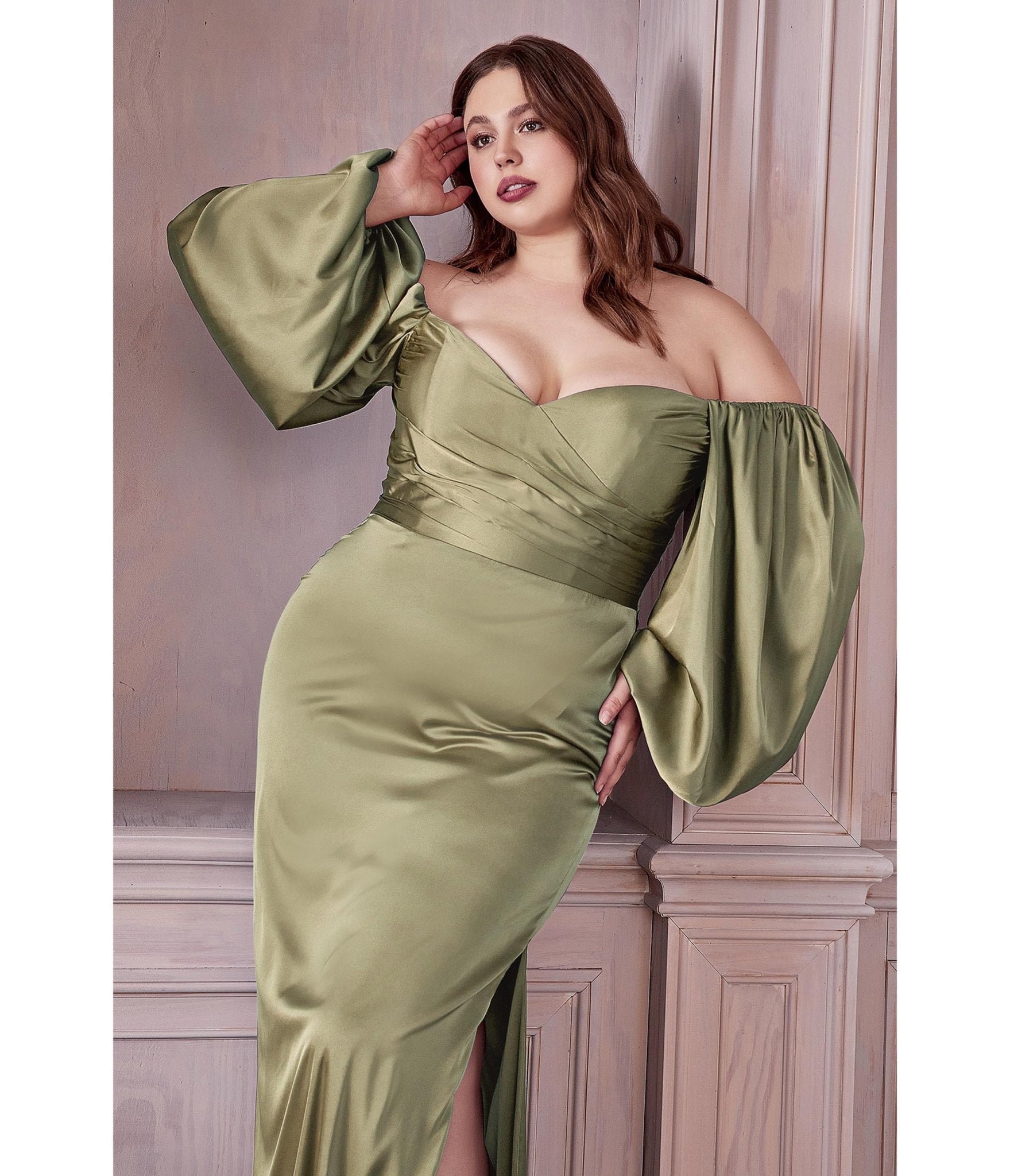Plus Size Sage Satin Long Sleeve Bridesmaid Dress - Unique Vintage - Womens, DRESSES, PROM AND SPECIAL OCCASION