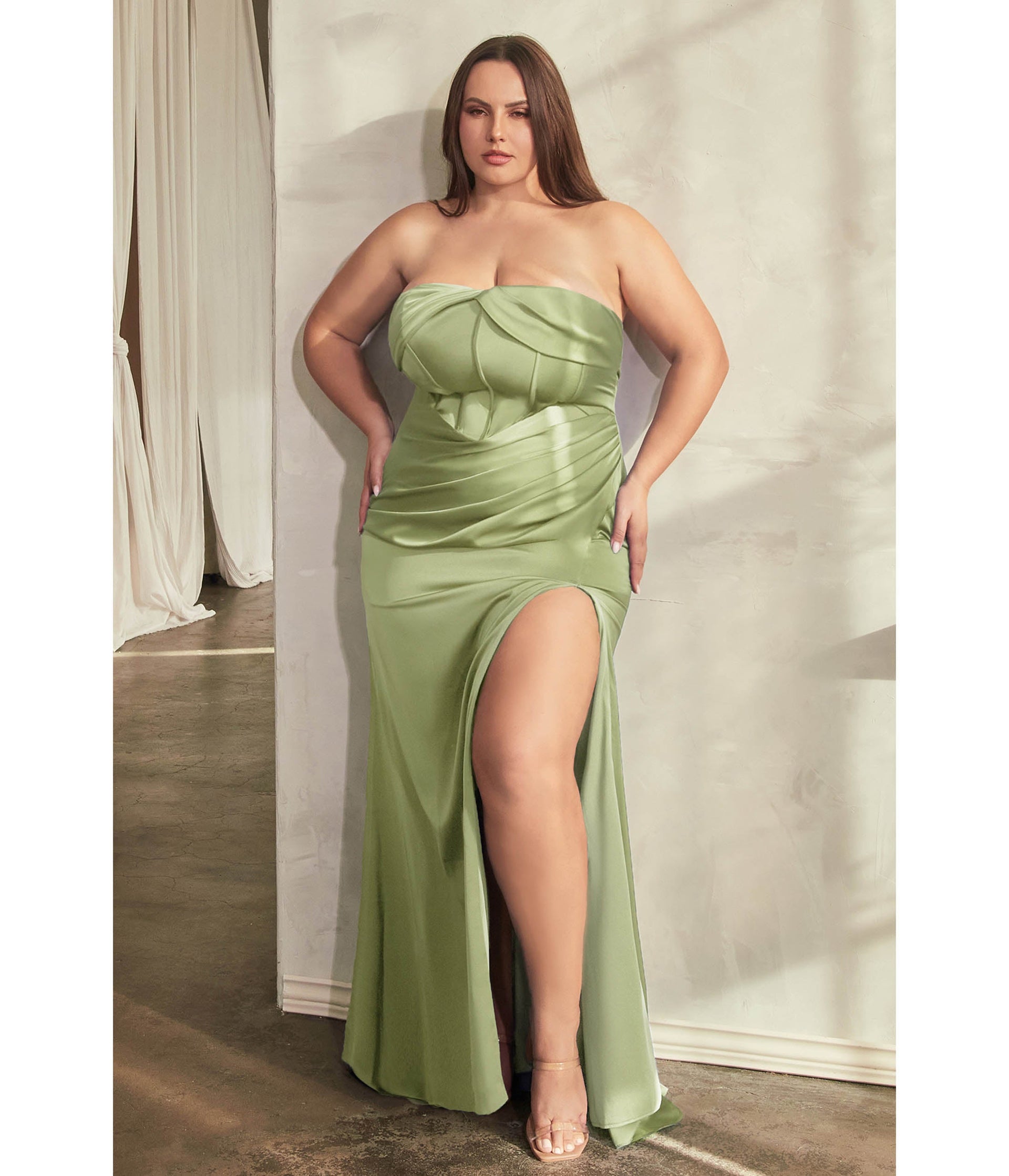 Plus Size Sage Satin Pleated Strapless Corset Evening Gown - Unique Vintage - Womens, DRESSES, PROM AND SPECIAL OCCASION