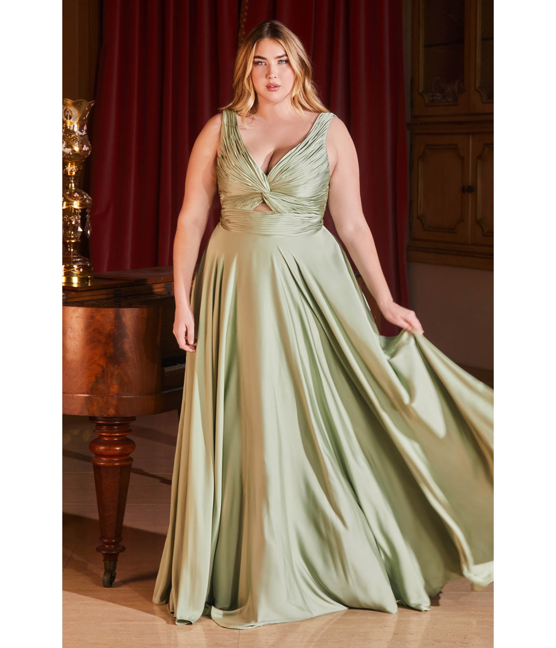 Plus Size Sage Satin Ruched Knotted Keyhole Evening Gown - Unique Vintage - Womens, DRESSES, PROM AND SPECIAL OCCASION