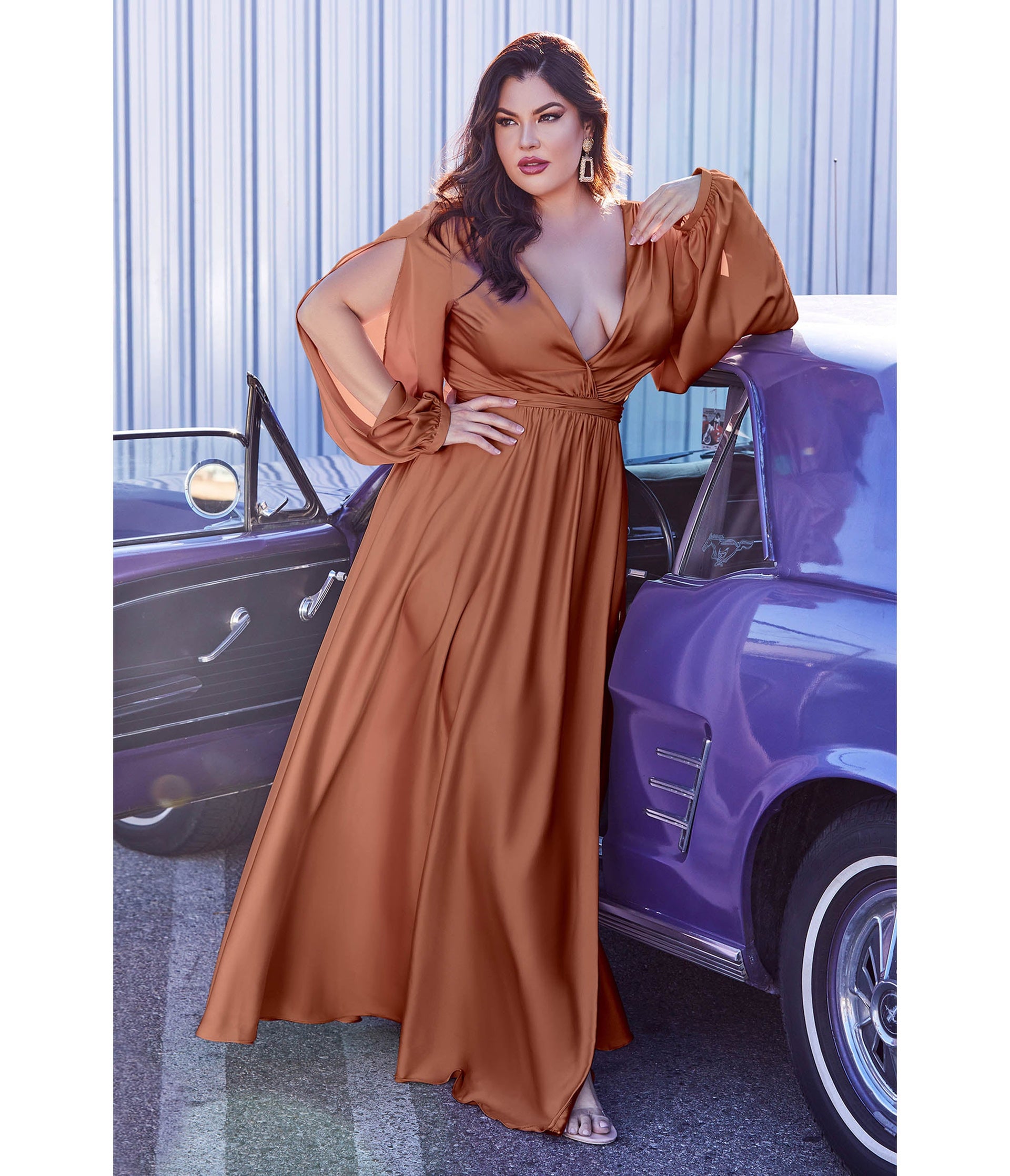 Plus Size Sienna Satin Blouson Sleeve Evening Gown - Unique Vintage - Womens, DRESSES, PROM AND SPECIAL OCCASION