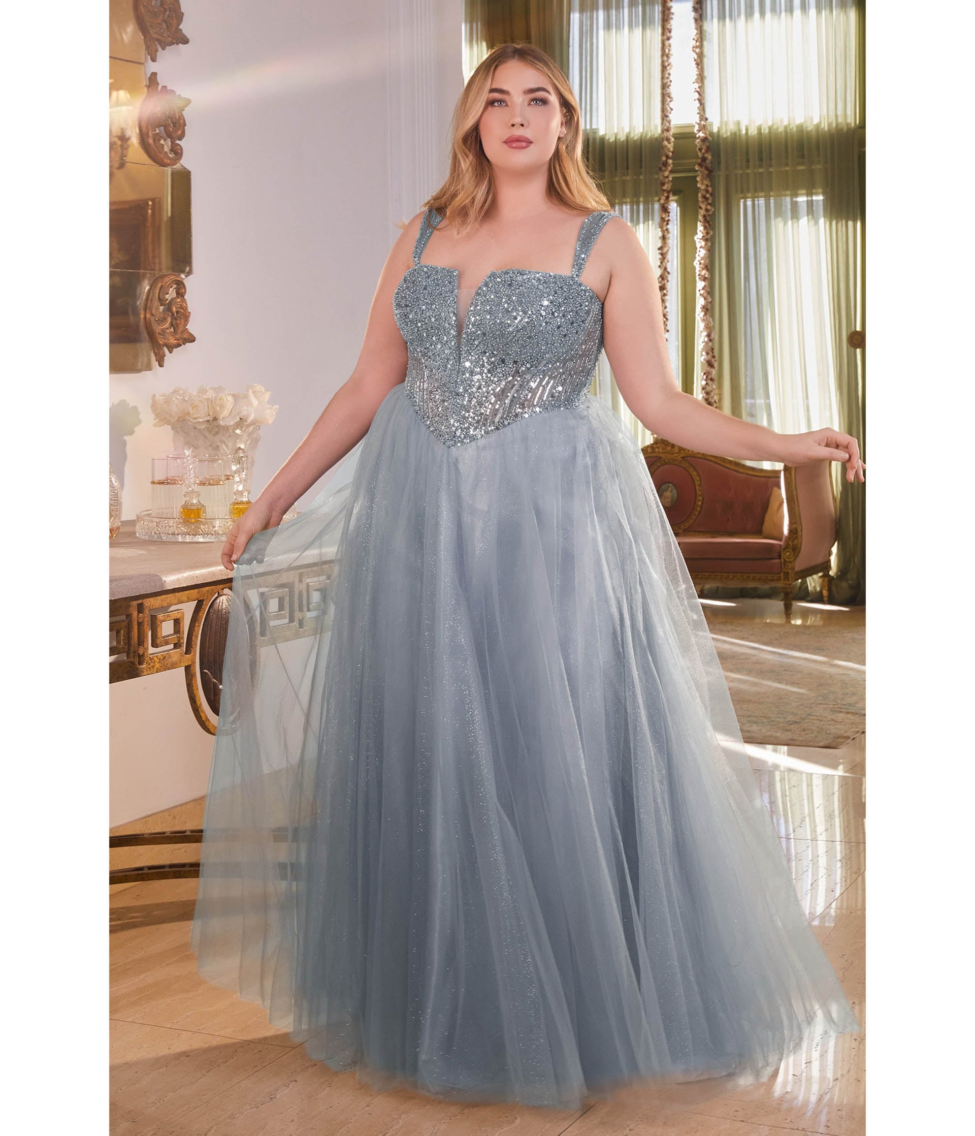 Plus Size Smoky Blue Glitter Bodice & Tulle Prom Ball Gown - Unique Vintage - Womens, DRESSES, PROM AND SPECIAL OCCASION