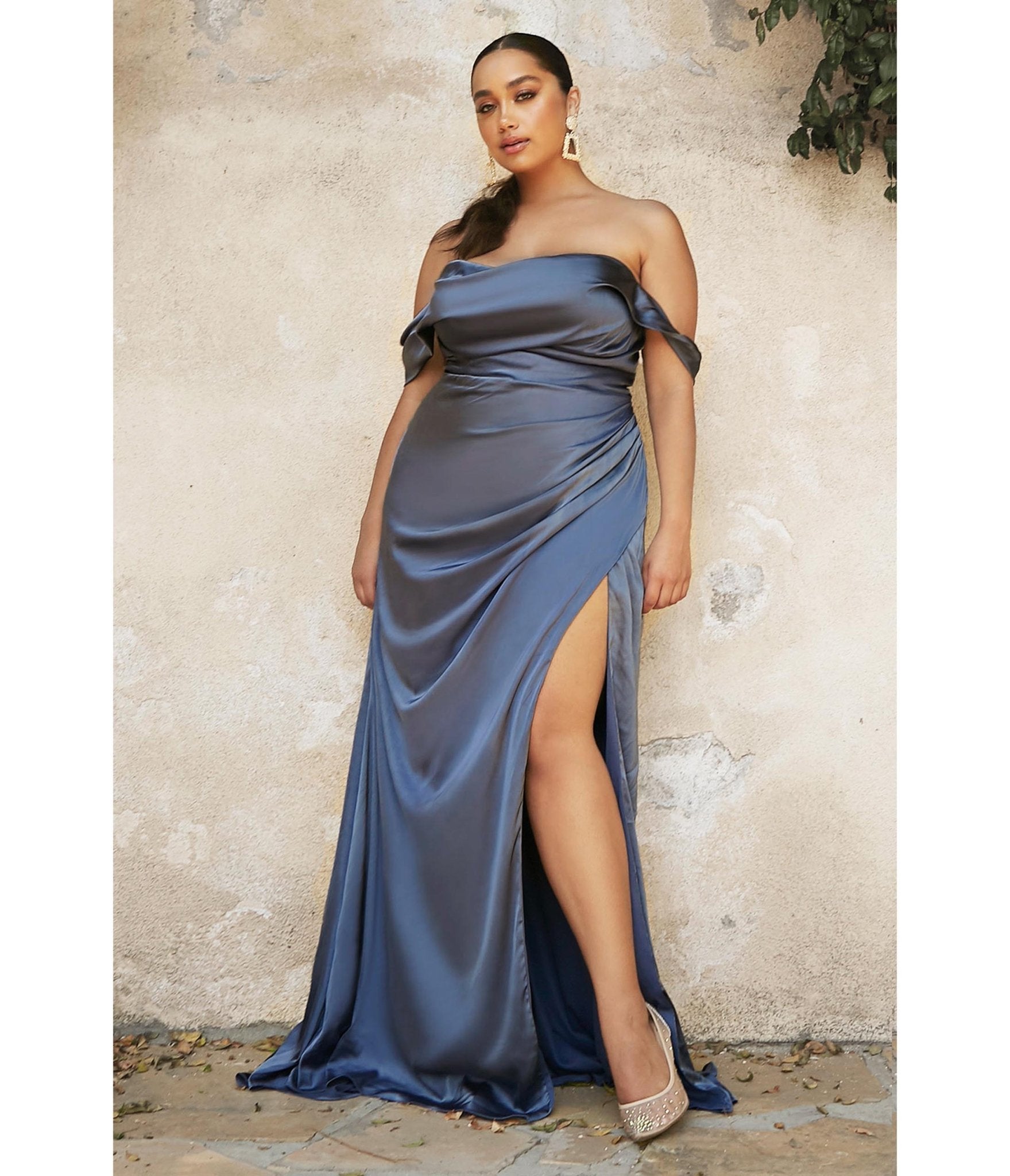 Plus Size Smoky Blue Satin Draped Off The Shoulder Bridesmaid Dress - Unique Vintage - Womens, DRESSES, PROM AND SPECIAL OCCASION