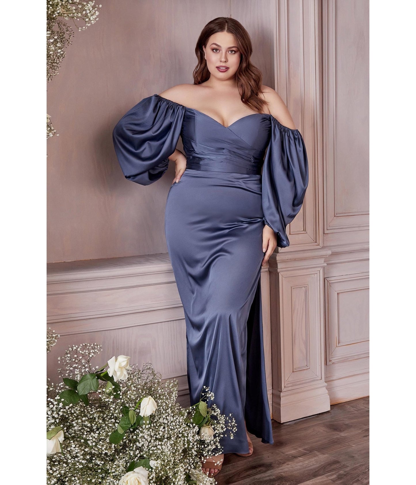 Plus Size Smoky Blue Satin Long Sleeve Bridesmaid Dress - Unique Vintage - Womens, DRESSES, PROM AND SPECIAL OCCASION