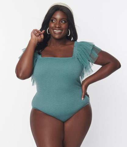 Plus Size Teal Mesh Tiered Sleeve Bodysuit - Unique Vintage - Womens, TOPS, WOVEN TOPS