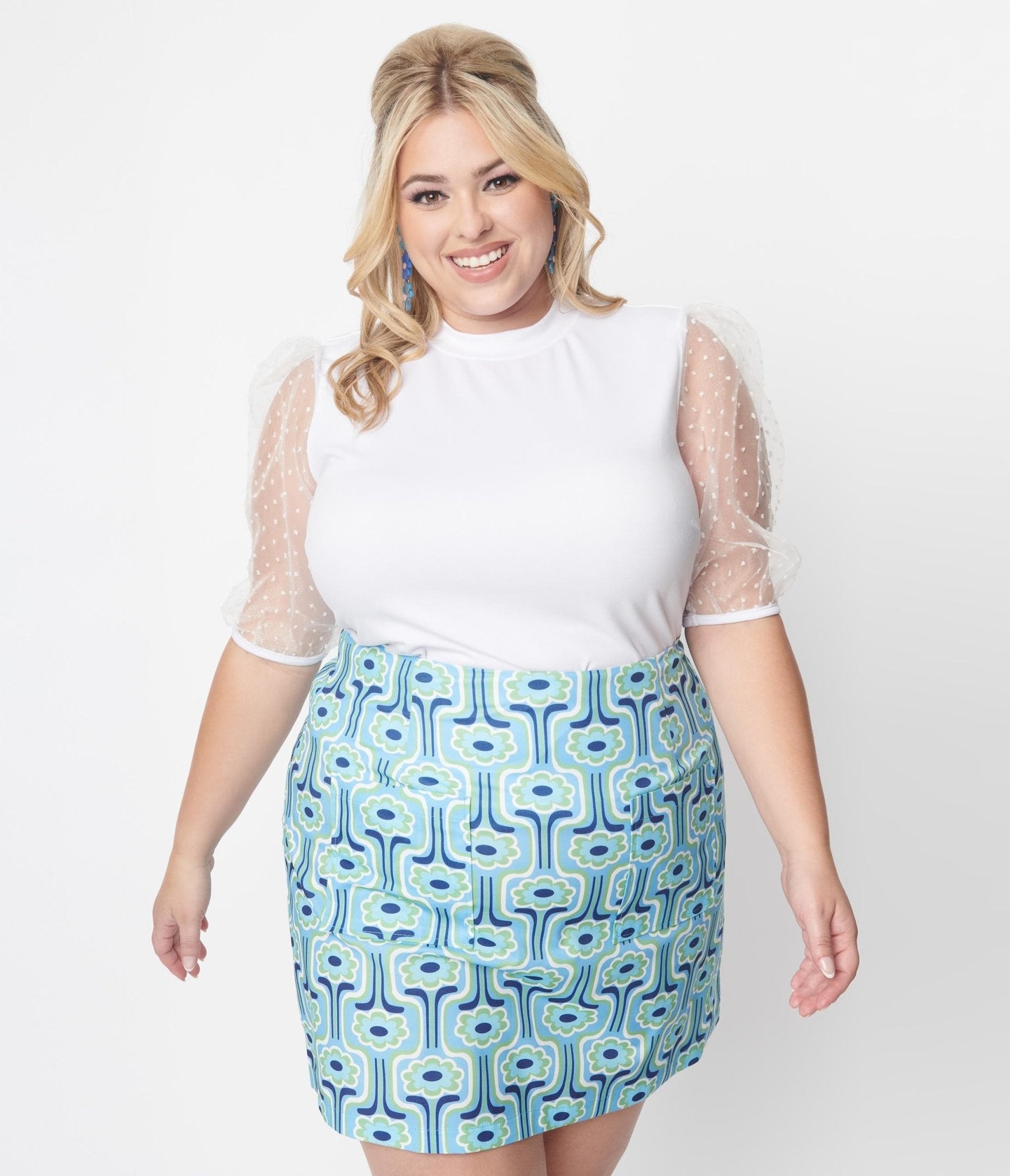 Plus Size White & Clip Dot Balloon Sleeved Top - Unique Vintage - Womens, TOPS, WOVEN TOPS