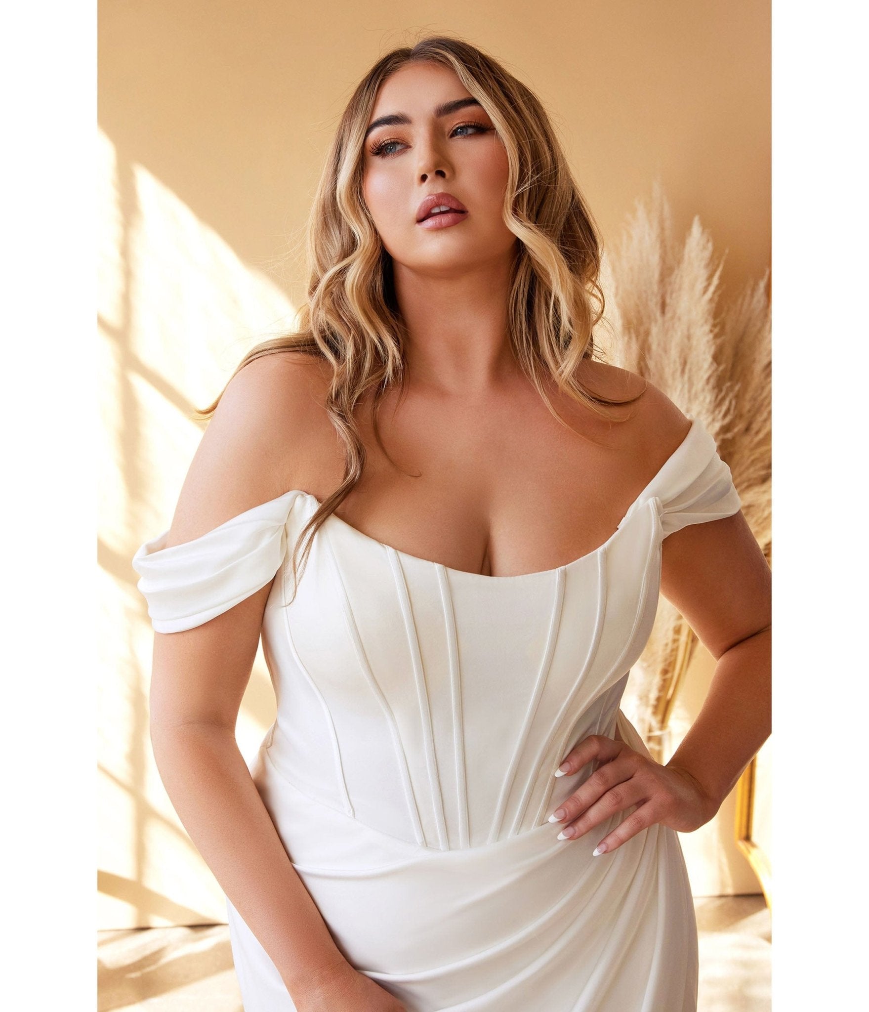 Plus Size White Off The Shoulder Corset Satin Bridal Gown - Unique Vintage - Womens, DRESSES, PROM AND SPECIAL OCCASION