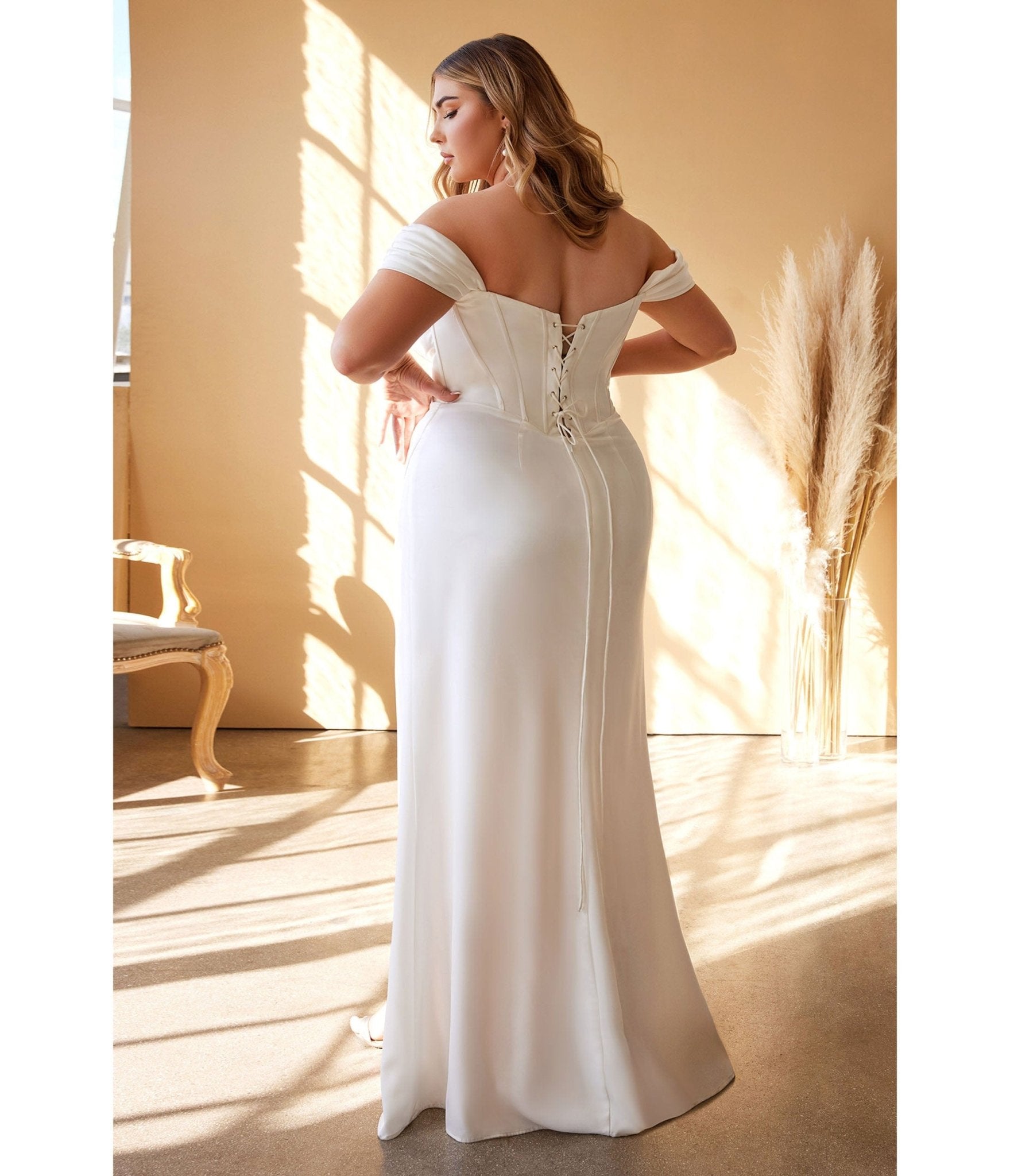 Plus Size White Off The Shoulder Corset Satin Bridal Gown - Unique Vintage - Womens, DRESSES, PROM AND SPECIAL OCCASION