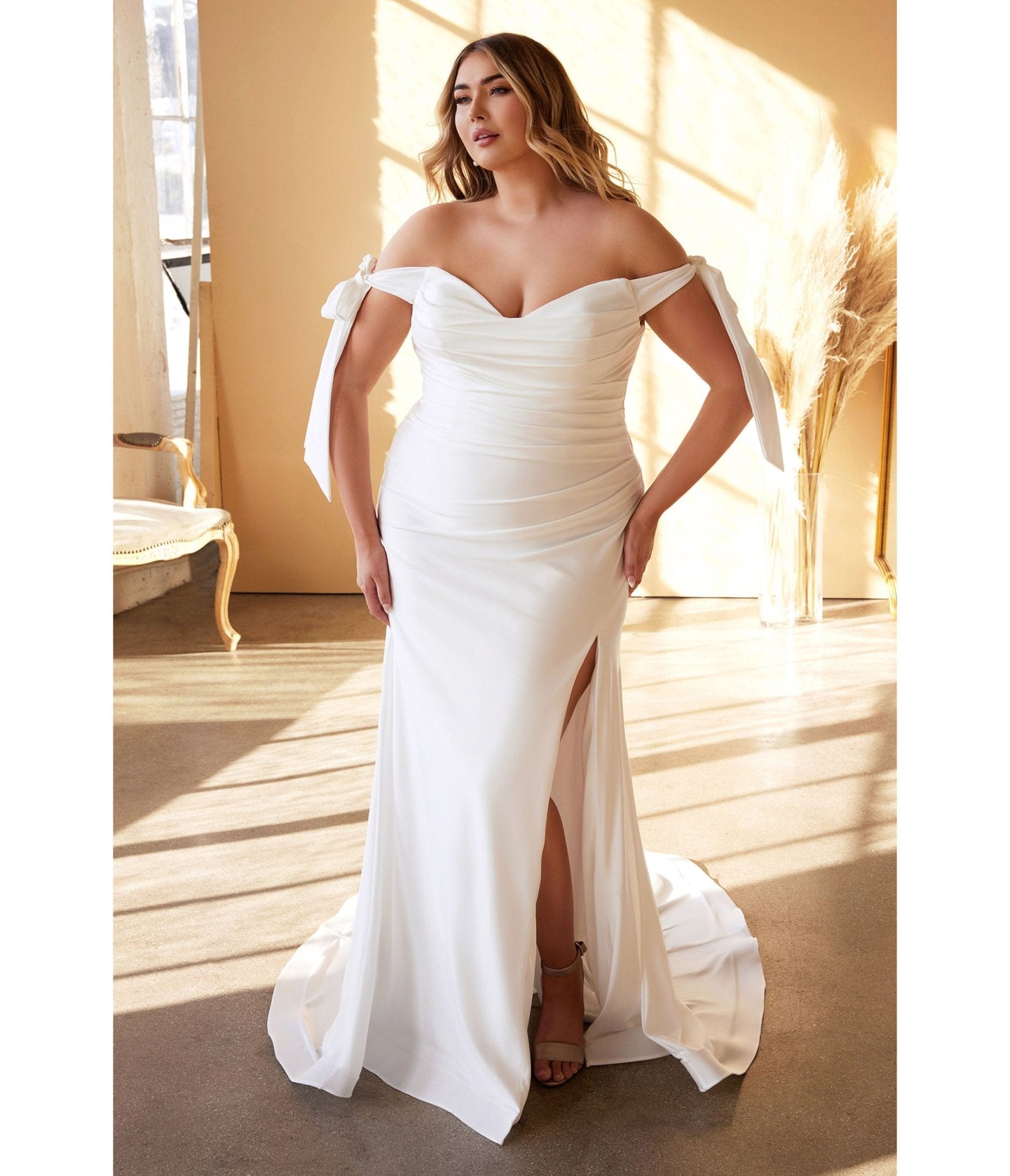 Plus Size White Off The Shoulder Trumpet Bridal Gown - Unique Vintage - Womens, DRESSES, PROM AND SPECIAL OCCASION