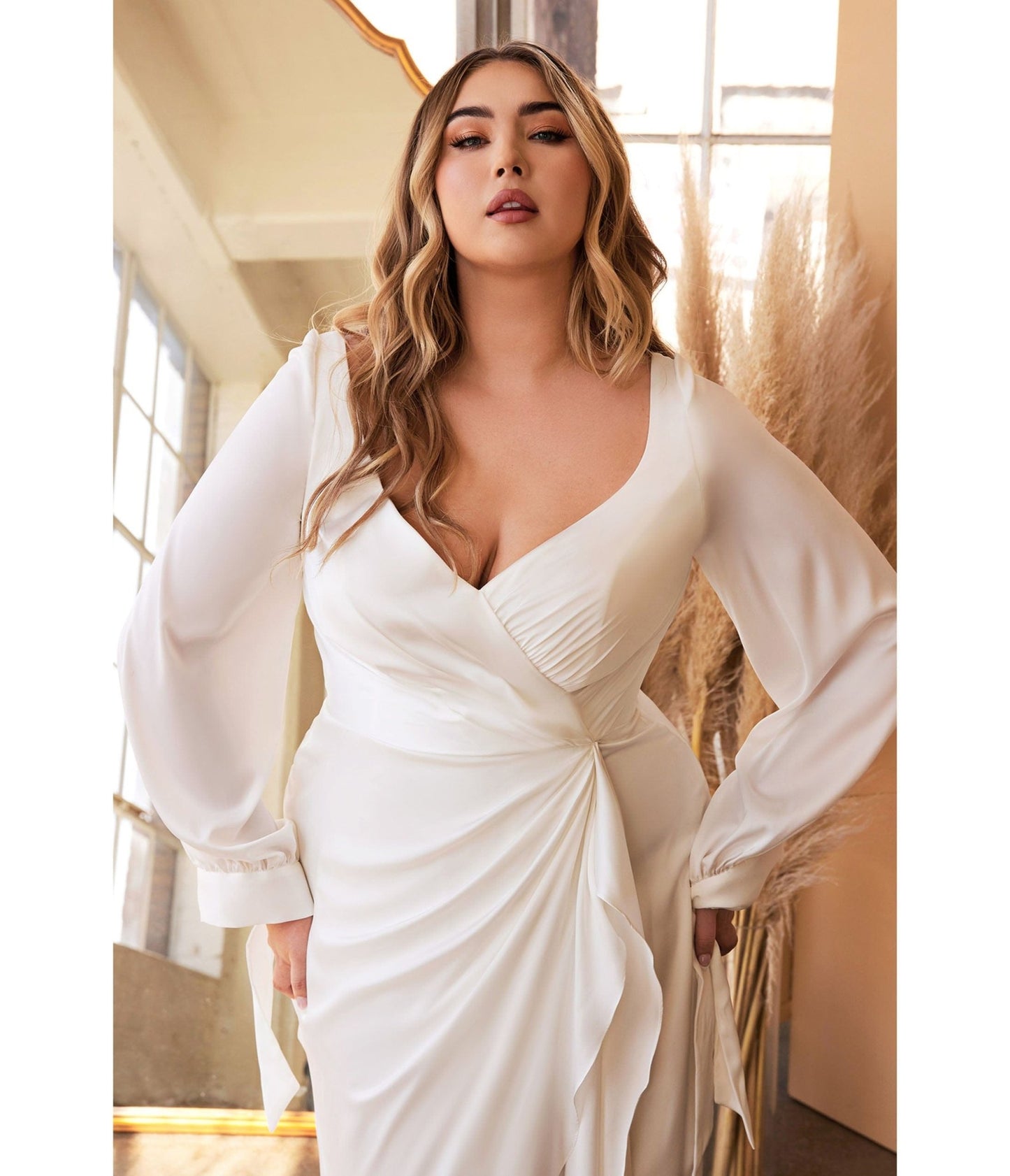 Plus Size White Portrait Satin Bridal Gown - Unique Vintage - Womens, DRESSES, PROM AND SPECIAL OCCASION