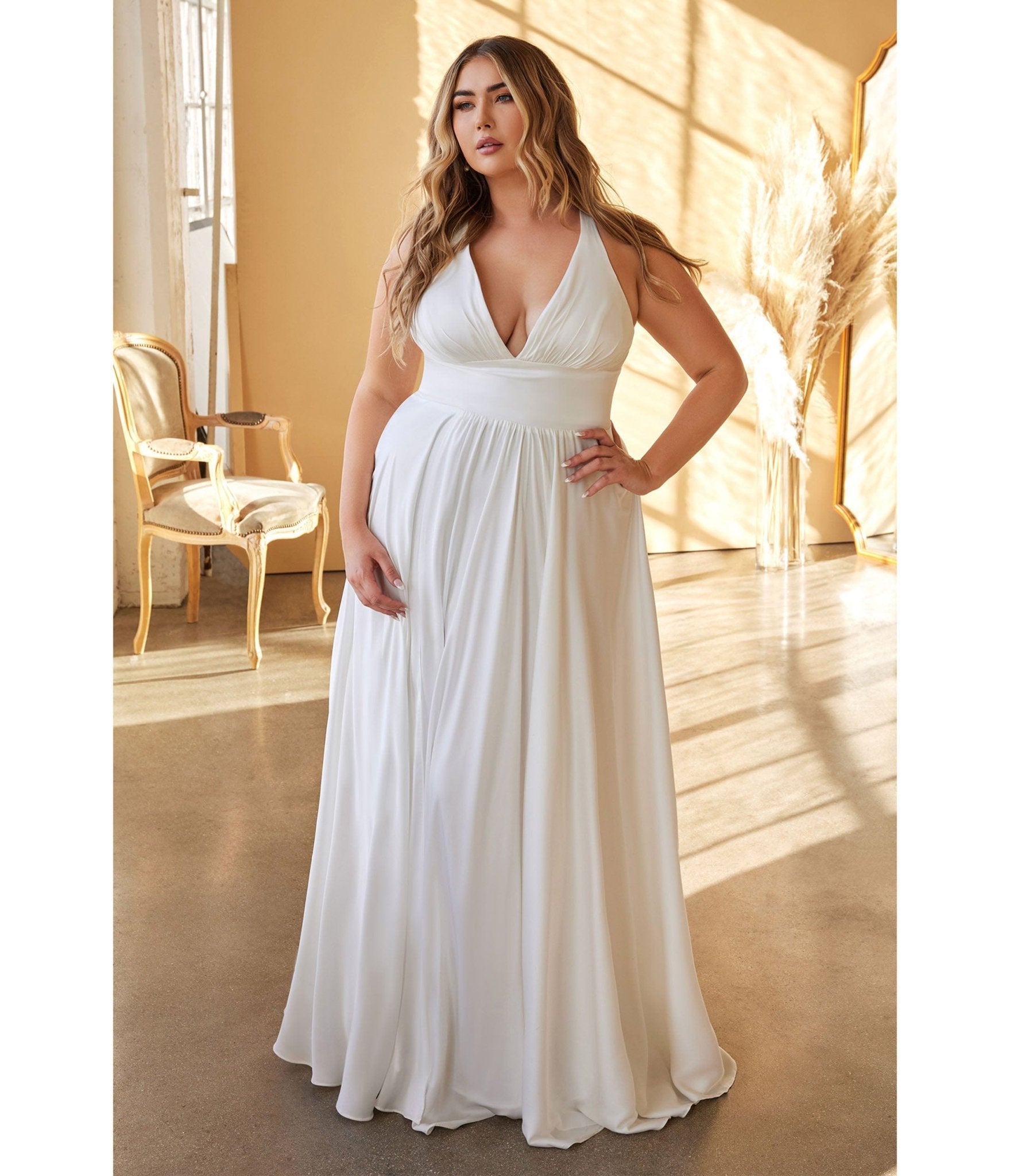 Plus Size White Satin A Line Bridal Gown - Unique Vintage - Womens, DRESSES, PROM AND SPECIAL OCCASION