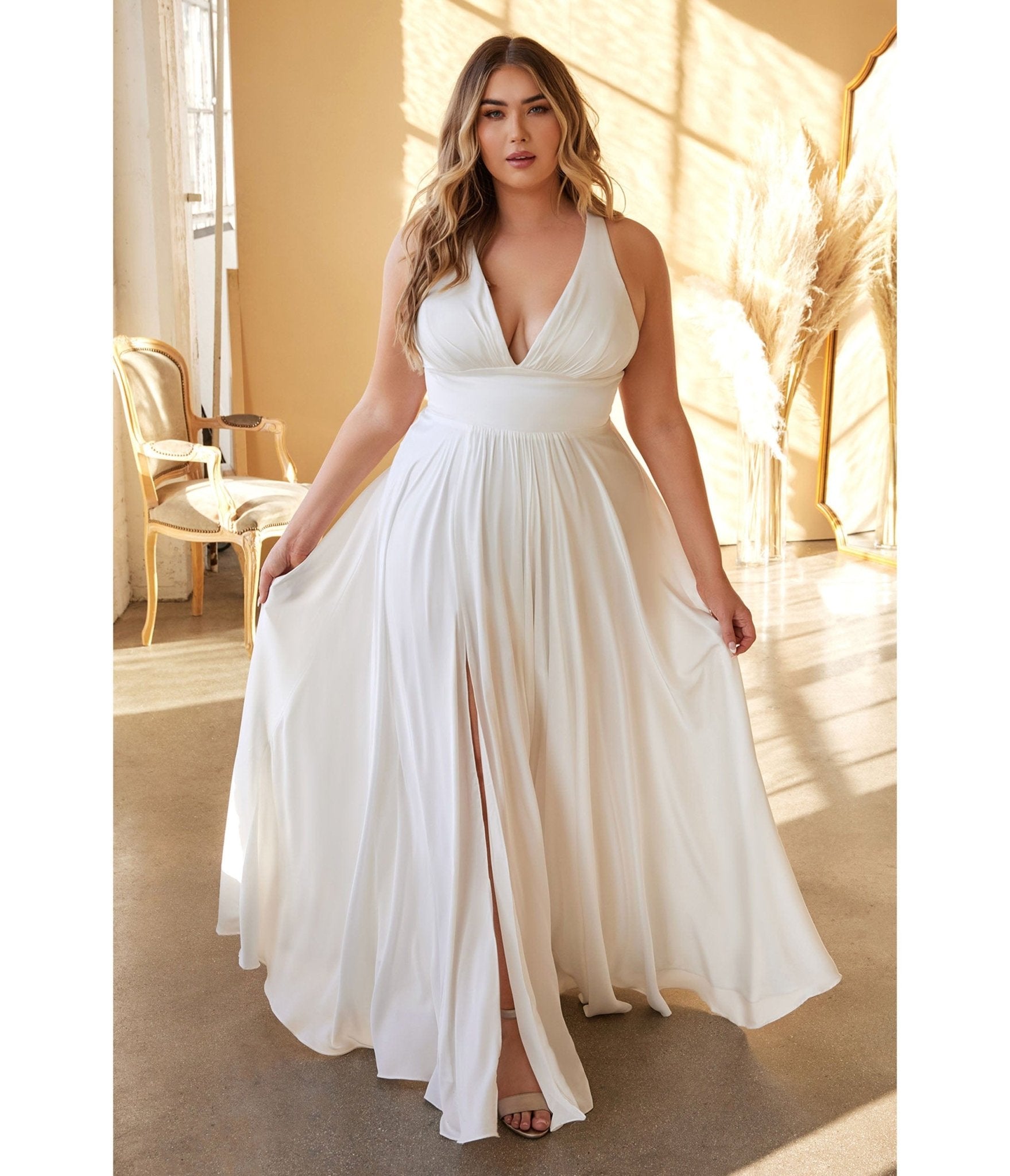 Plus Size White Satin A Line Bridal Gown - Unique Vintage - Womens, DRESSES, PROM AND SPECIAL OCCASION