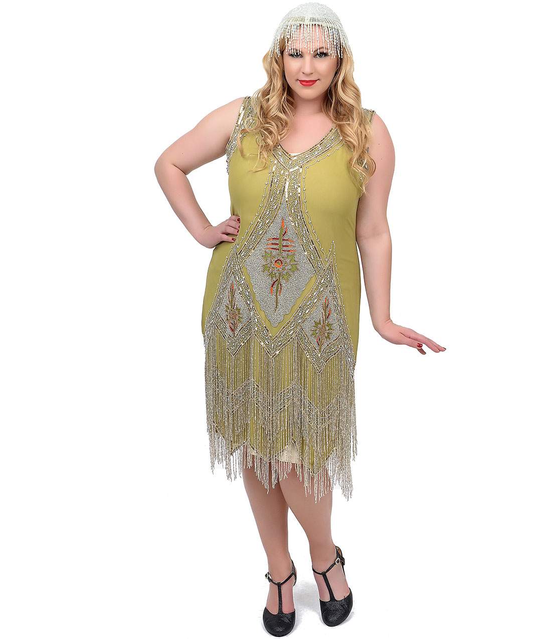 Plus Size 1920s Green & Silver Embroidered Somerset Flapper Dress - Unique Vintage - Womens, FLAPPER, SLEEVELESS BEADED